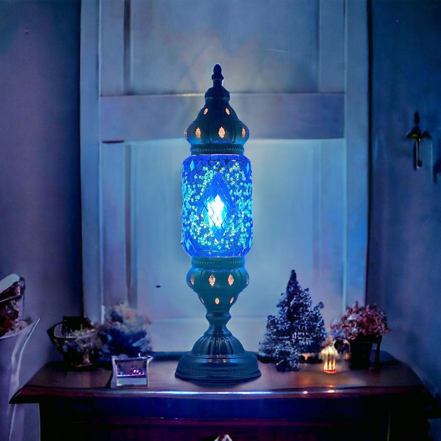 Turkish Cylinder Table Lamp Mosaic Glass Accent Boho Lamps Moroccan Lantern (Blue Star)