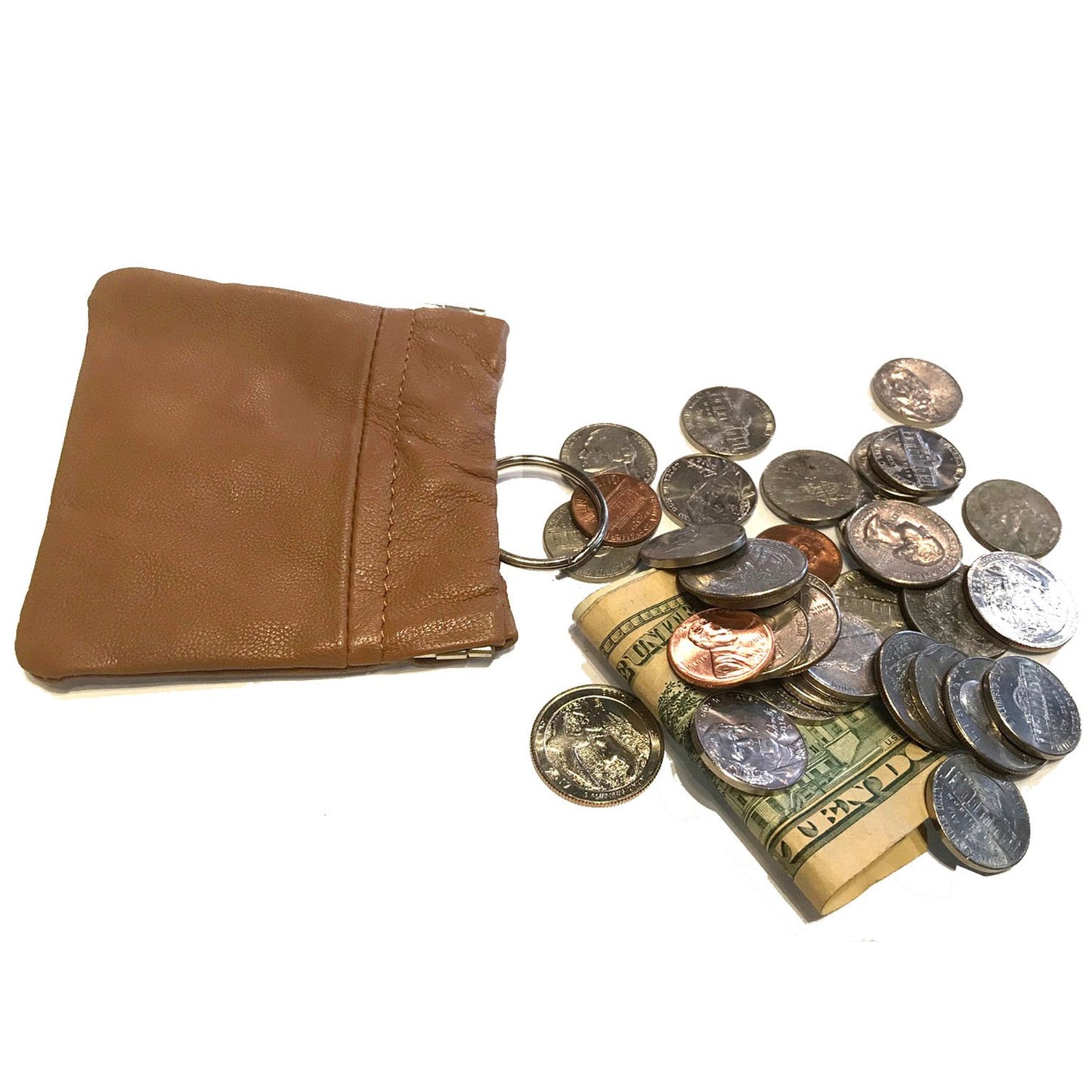 Leather Coin Purse Change Holder Squeeze Spring Closure Pouch w Key Ring, 3.5" by 3.5" - Great Gift for Men Women