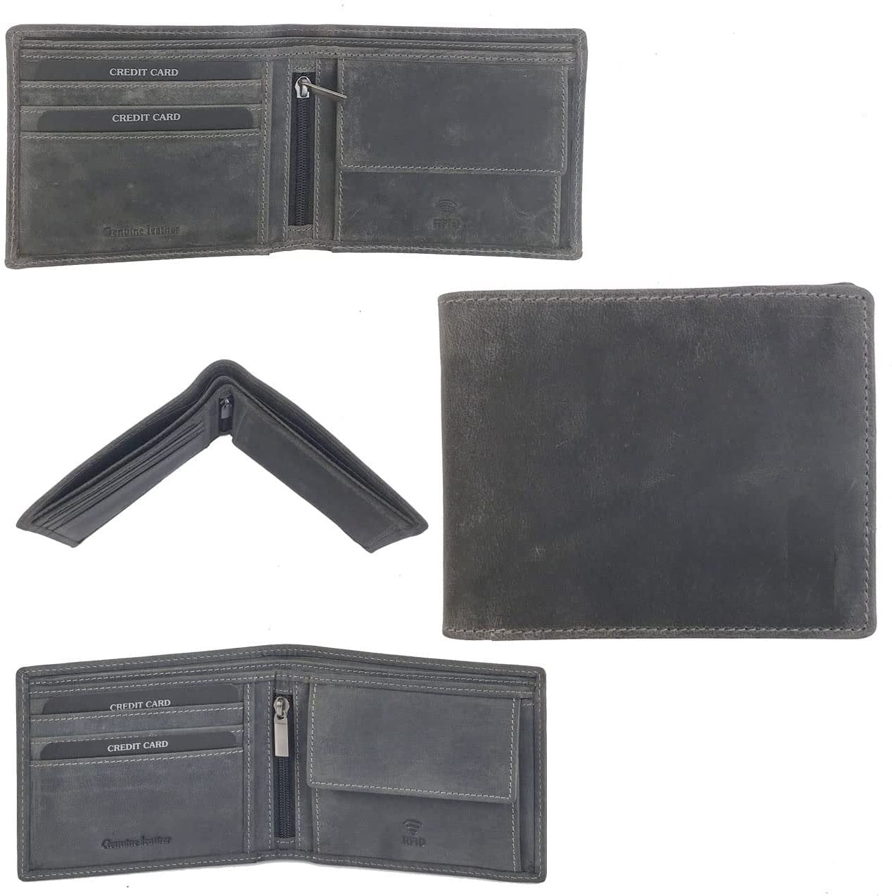 Leather Wallet for Men's-Genuine Washed Calf RFID Blocking Bifold Men Wallet With Coin Pocket (Vertical Flip Stitched Collar, Black)