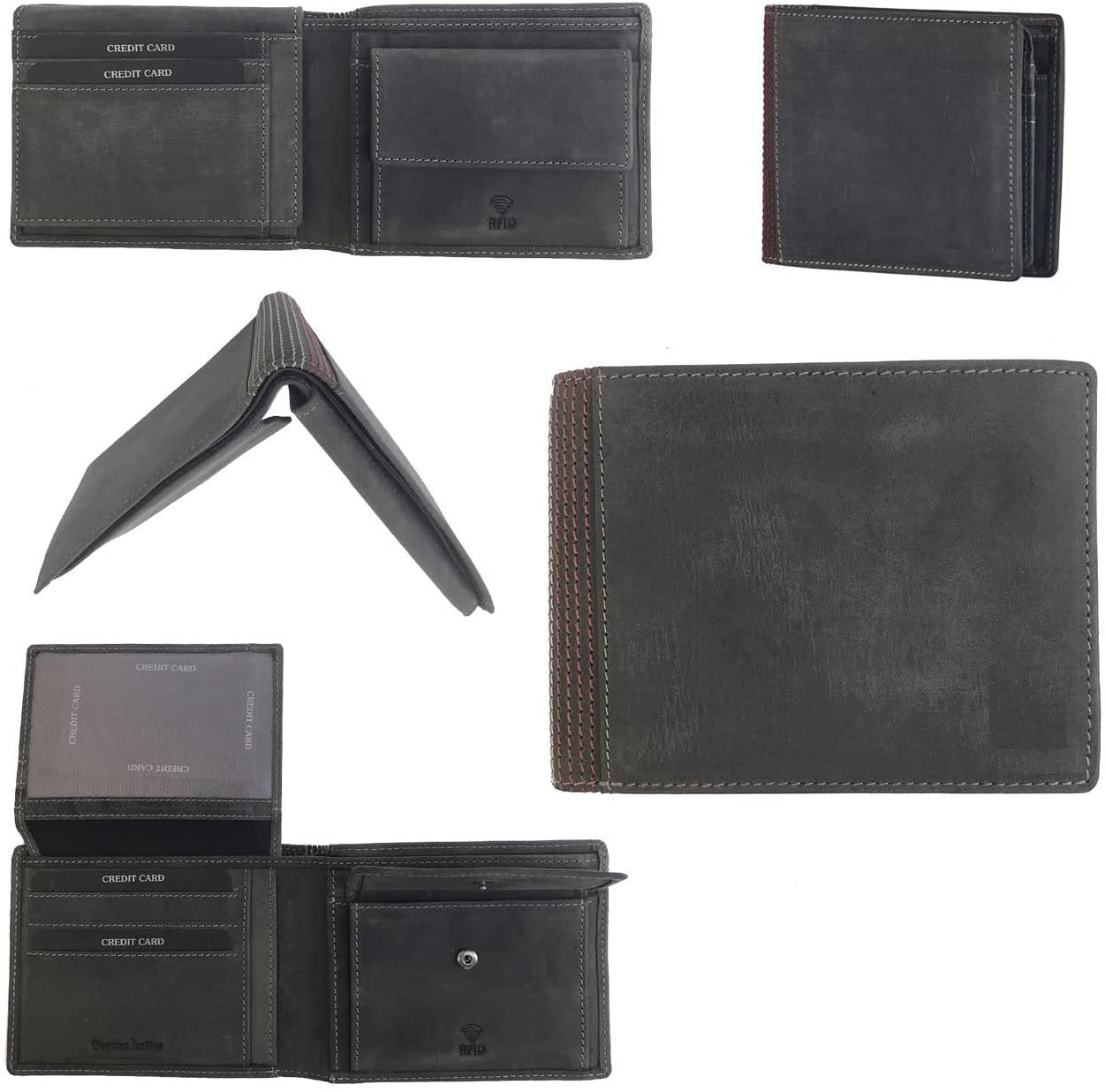 Leather Wallet for Men's-Genuine Washed Calf RFID Blocking Bifold Men Wallet With Coin Pocket (Vertical Flip Stitched Collar, Black)