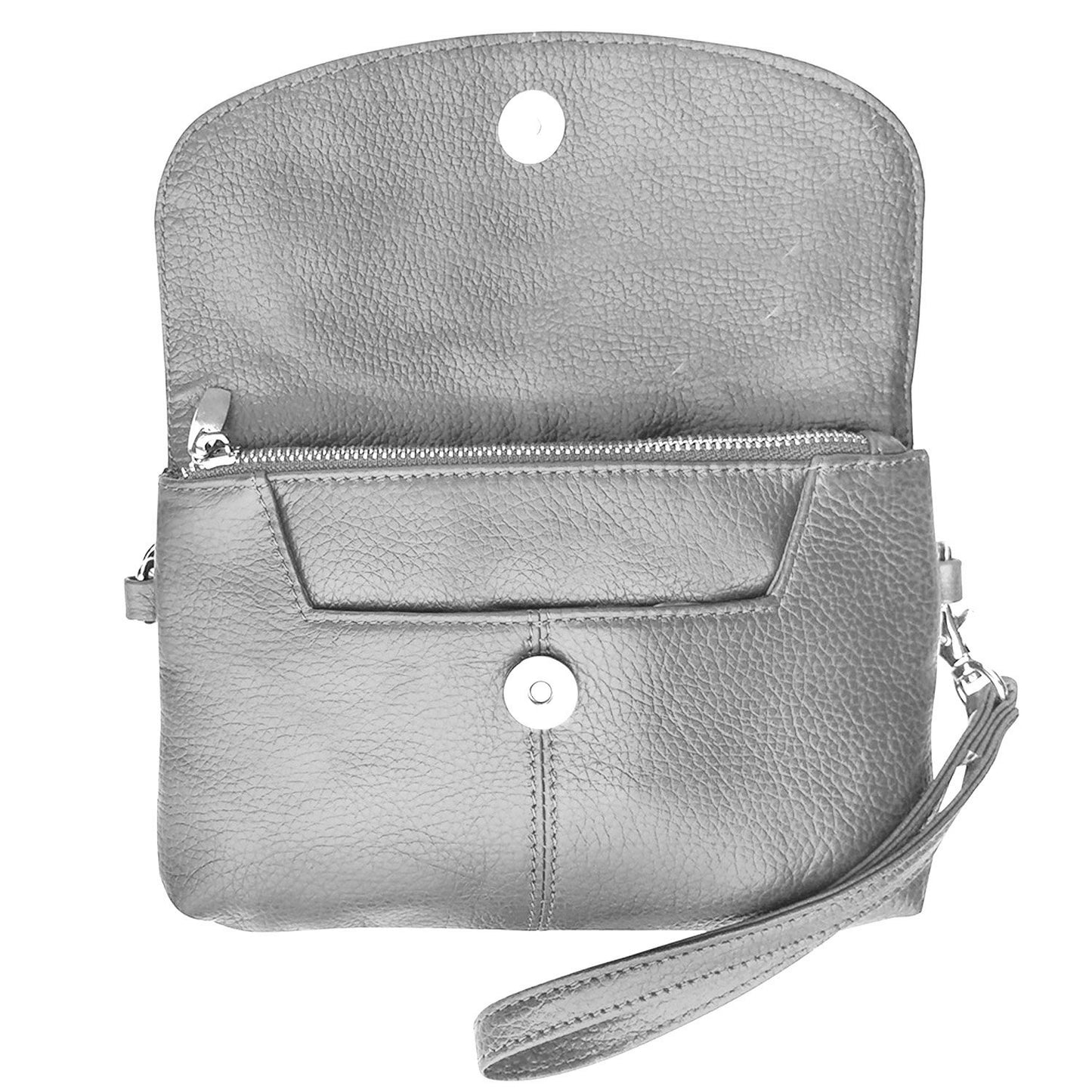 Leather Handbag Purse Womens Small Clutch Wristlet Crossbody Multi Compartment Organiser Fits Phone SilverFever