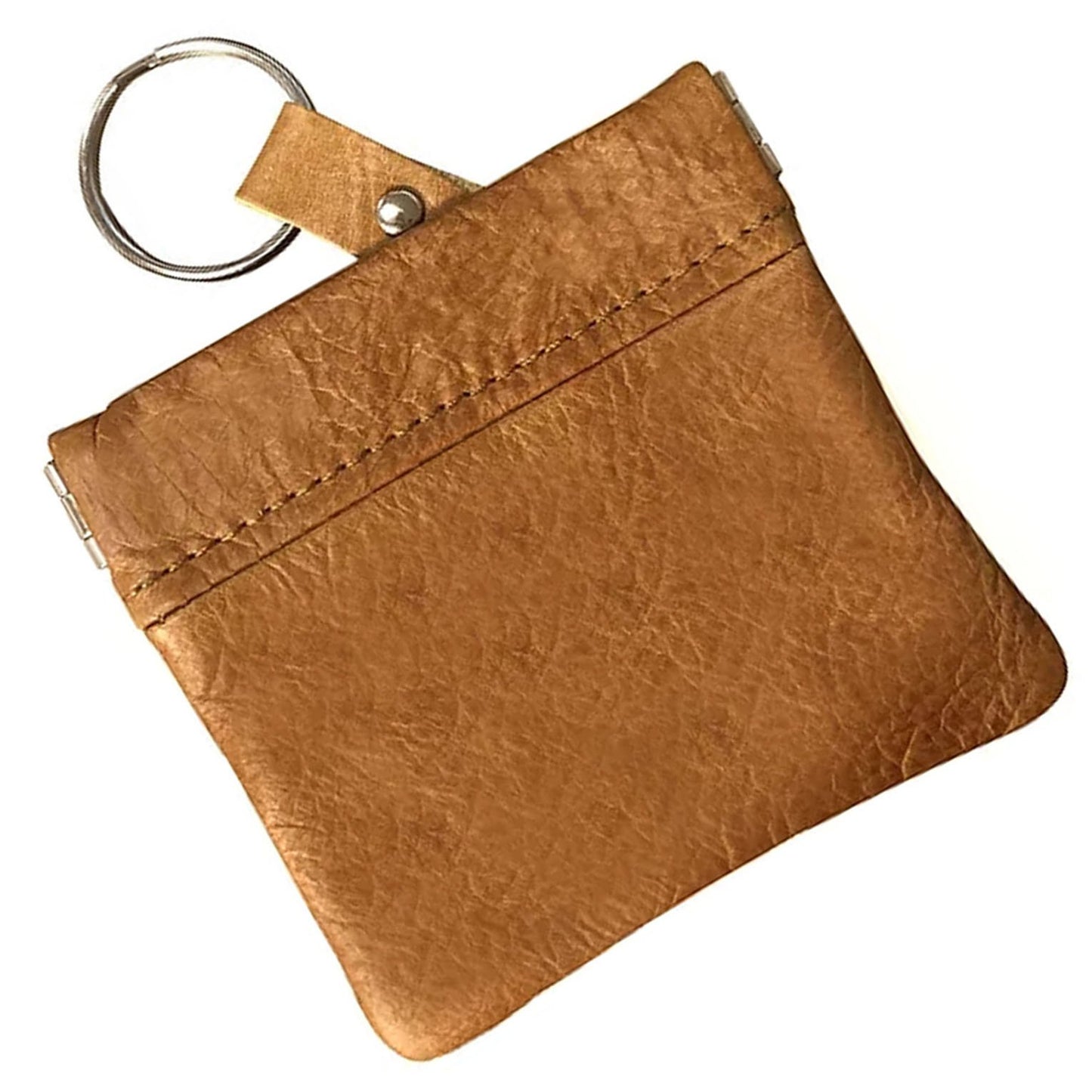 Leather Coin Purse Change Holder Squeeze Spring Closure Pouch w Key Ring, 3.5" by 3.5" - Great Gift for Men Women