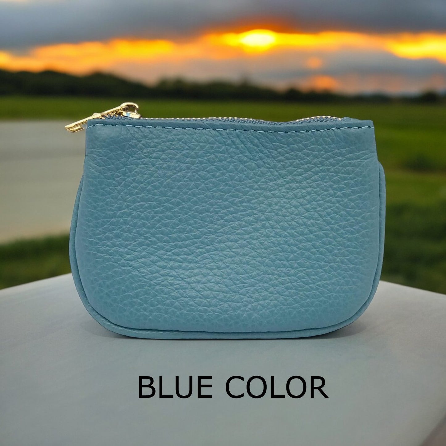 Cowhide Leather Coin Purse Pouch w Zipper and Key Fob
