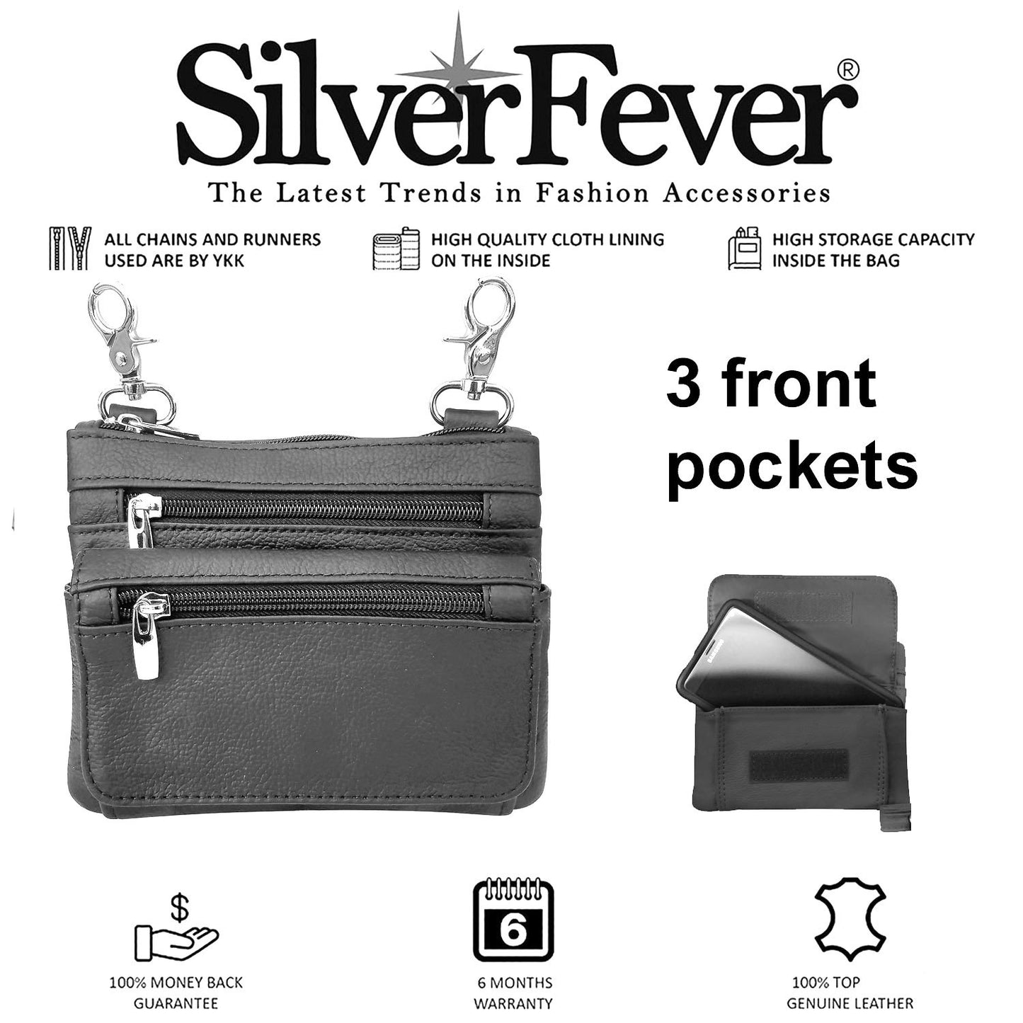 SILVERFEVER Leather Bike Rider Accordion Bag Cross Body Belt Phone Pack Pouch