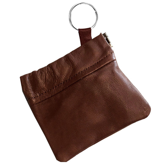 Leather Coin Purse Change Holder Squeeze Spring Closure Pouch w Key Ring, 3.5" by 3.5" - Great Gift for Men Women