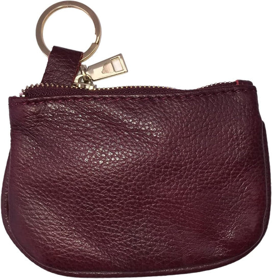Cowhide Leather Coin Purse Pouch w Zipper and Key Fob