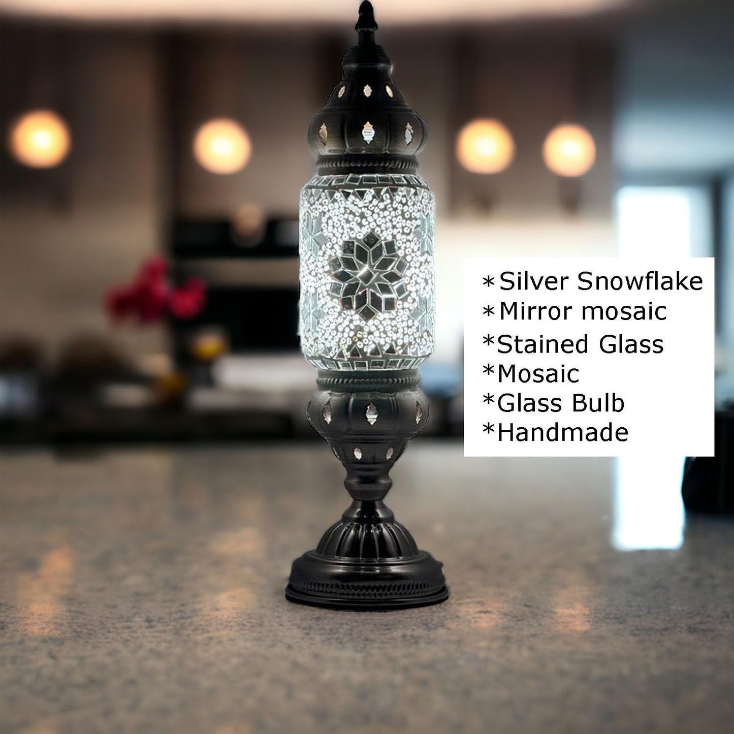 Turkish Cylinder Table Lamp Mosaic Glass Accent Boho Lamps Moroccan Lantern (Blue Star)