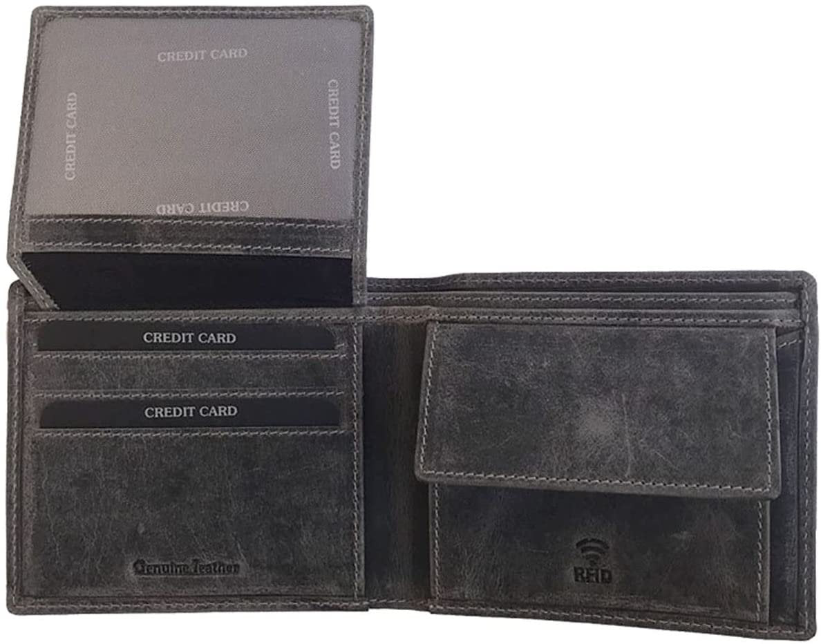 Leather Wallet for Men's-Genuine Washed Calf RFID Blocking Bifold Men Wallet With Coin Pocket (Vertical Flip Stitched Collar, Black)