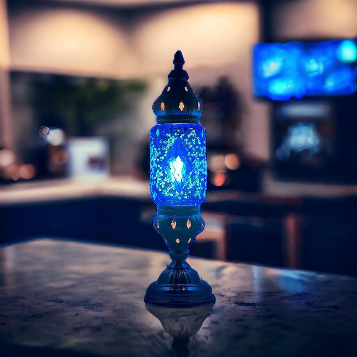 Turkish Cylinder Table Lamp Mosaic Glass Accent Boho Lamps Moroccan Lantern (Blue Star)