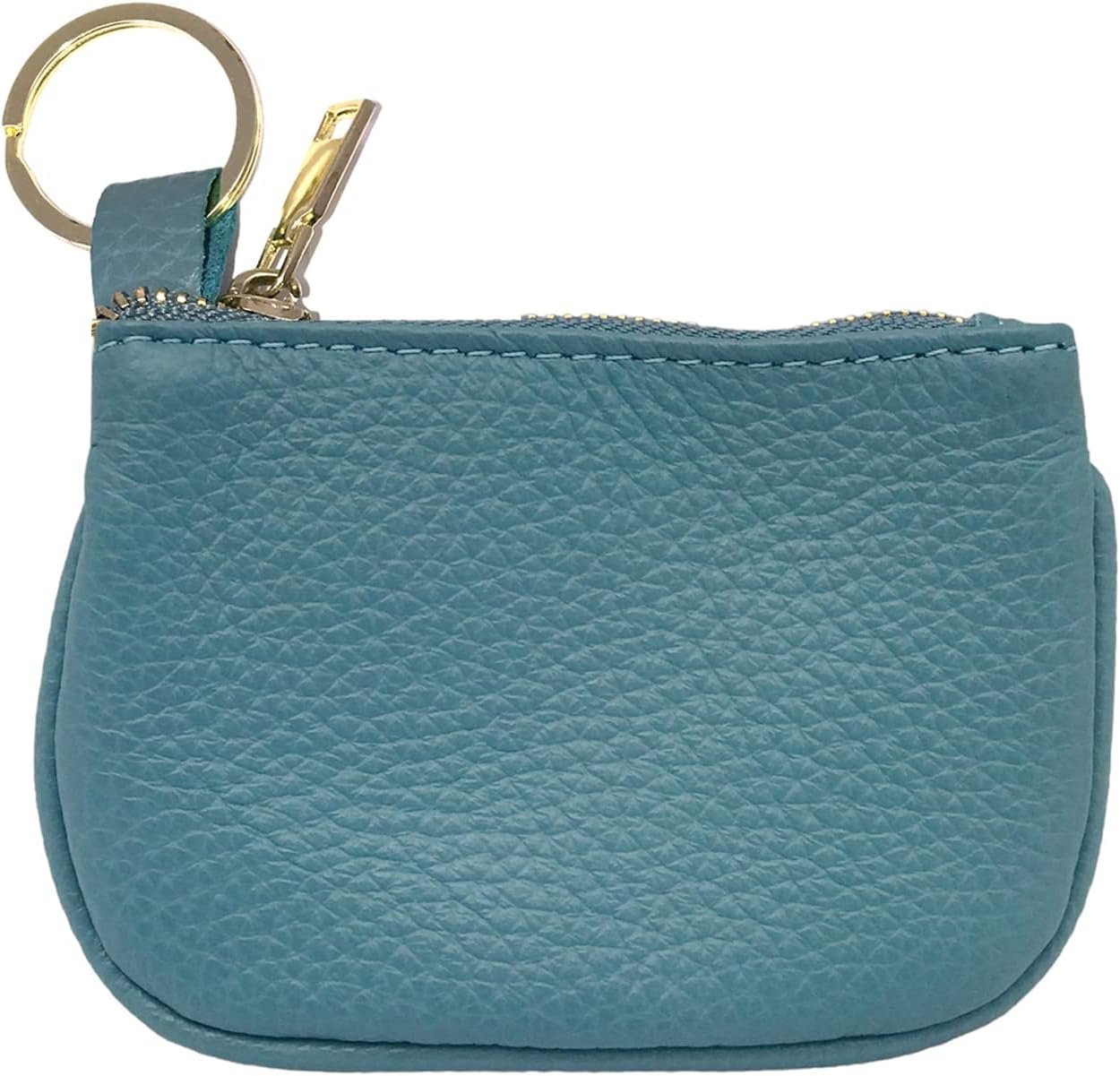 Cowhide Leather Coin Purse Pouch w Zipper and Key Fob