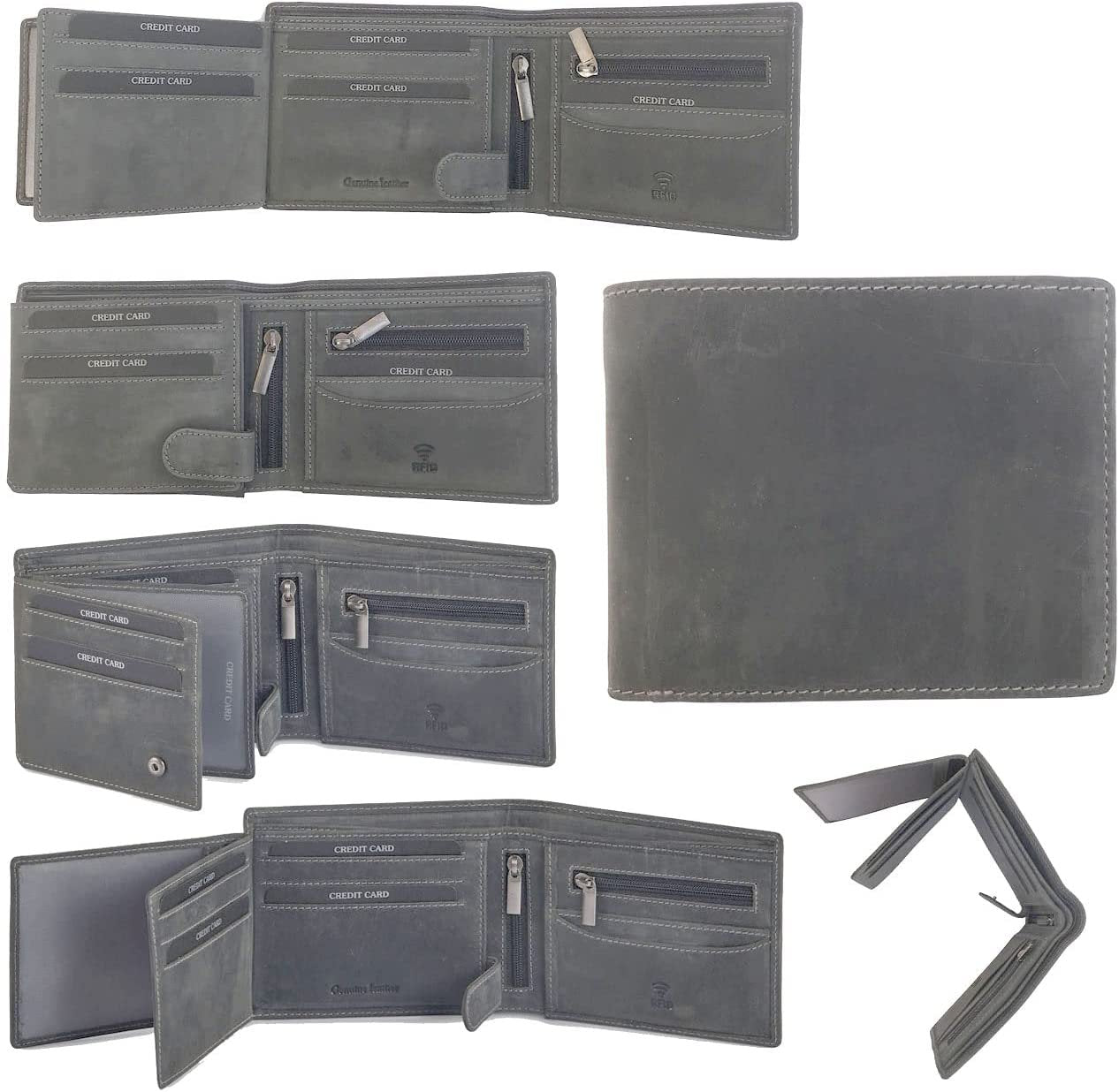 Leather Wallet for Men's-Genuine Washed Calf RFID Blocking Bifold Men Wallet With Coin Pocket (Vertical Flip Stitched Collar, Black)