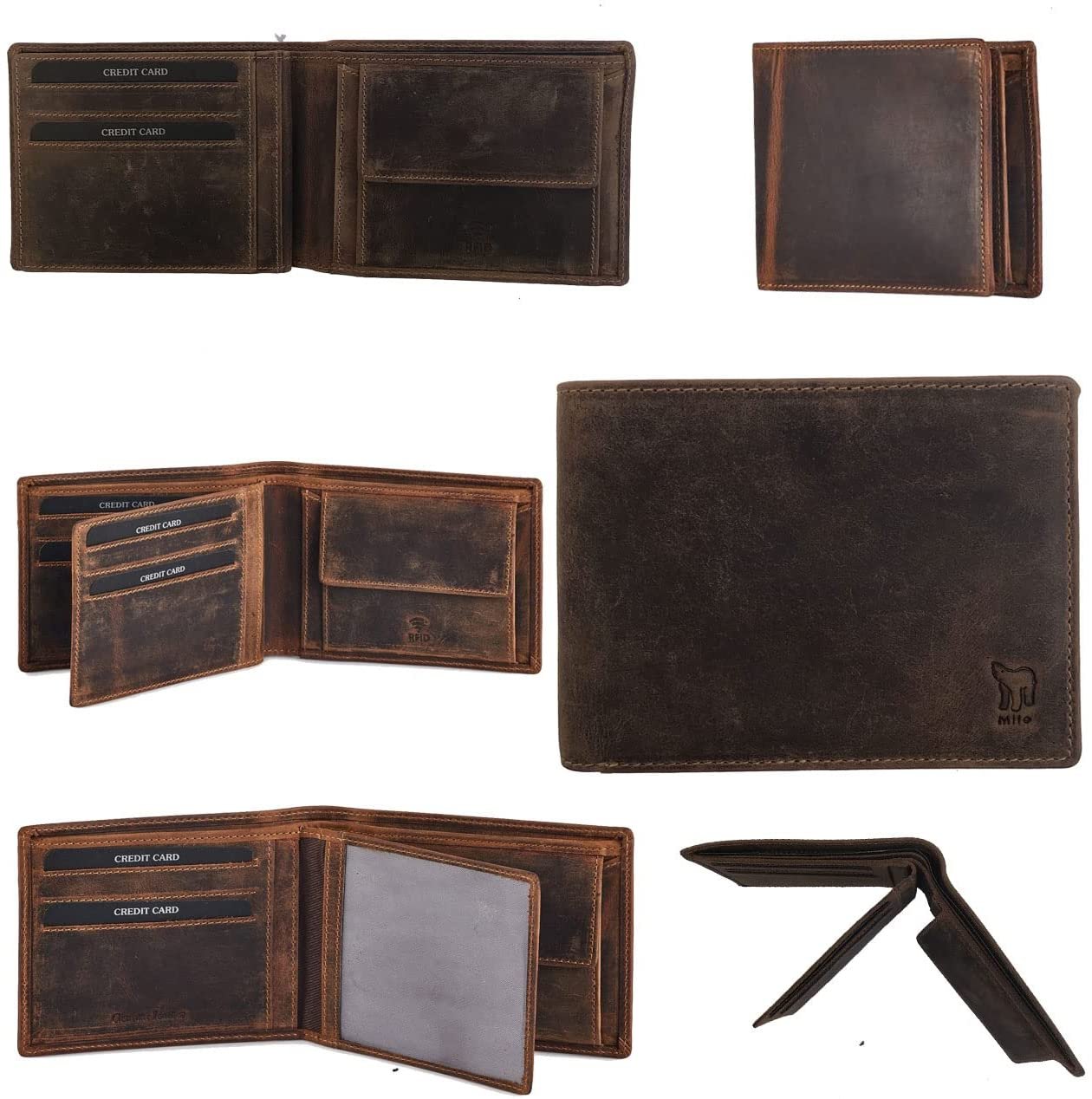 Leather Wallet for Men's-Genuine Washed Calf RFID Blocking Bifold Men Wallet With Coin Pocket (Vertical Flip Stitched Collar, Black)