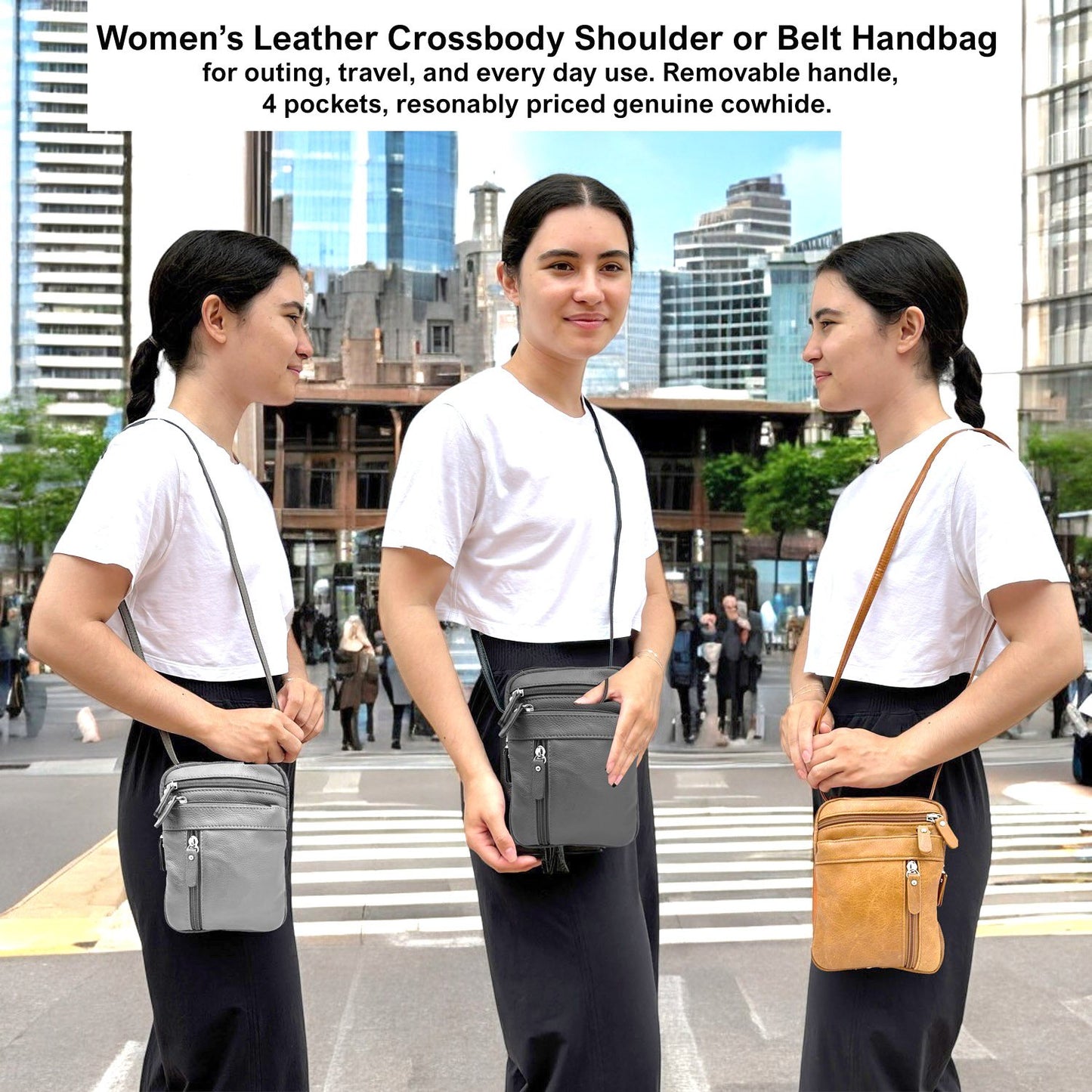 Women's Leather Crossbody, Shoulder, or Belt Bag – Vertical 4-Pocket Organizer Pouch