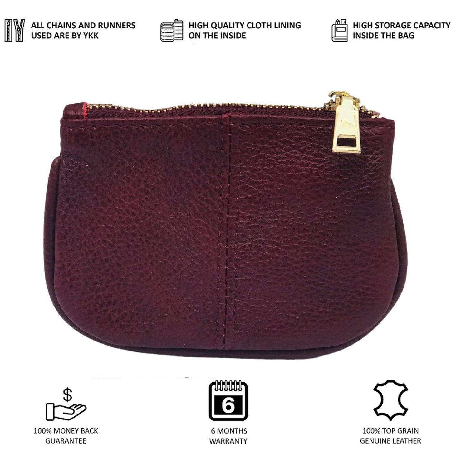 Cowhide Leather Coin Purse Pouch w Zipper and Key Fob