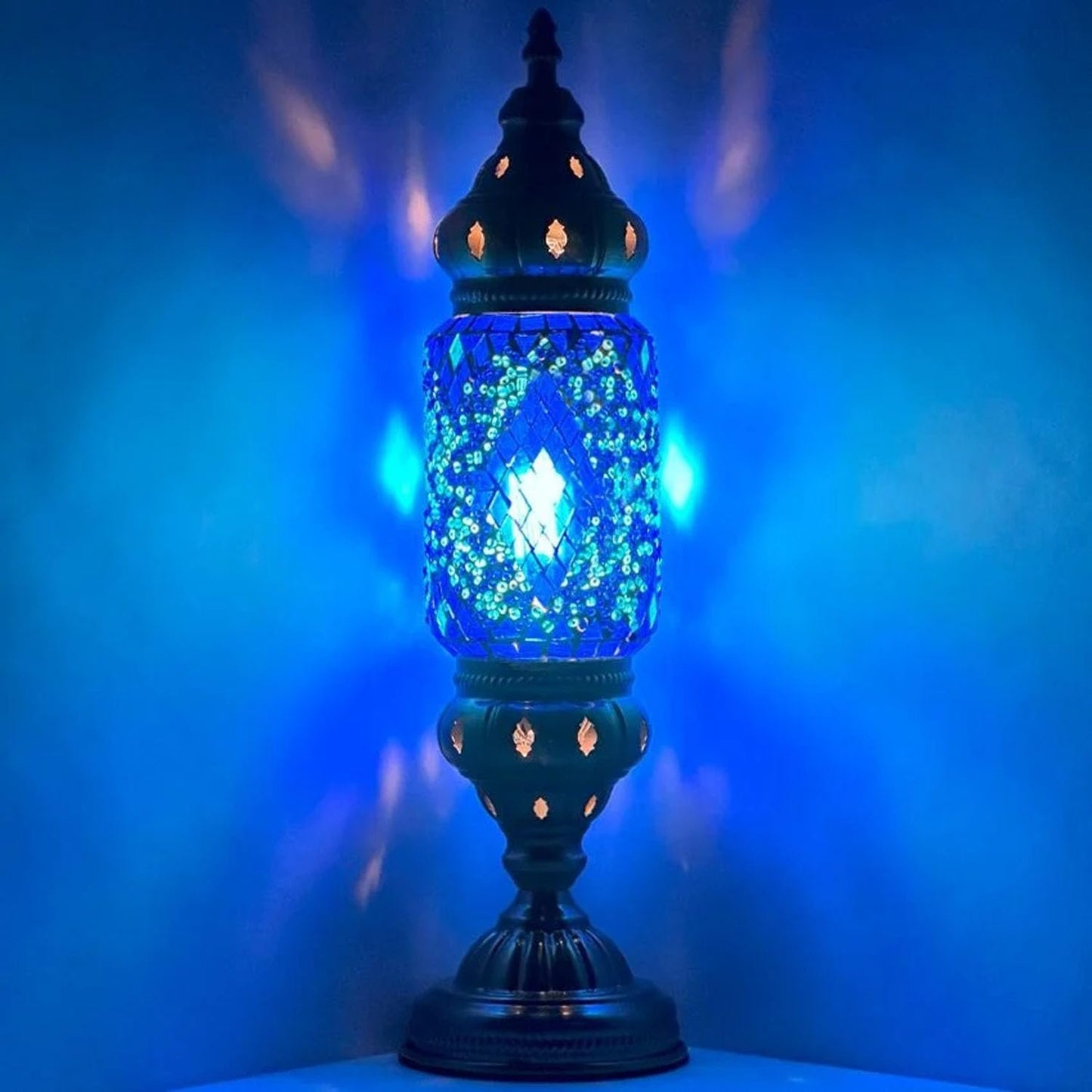 Turkish Cylinder Table Lamp Mosaic Glass Accent Boho Lamps Moroccan Lantern (Blue Star)