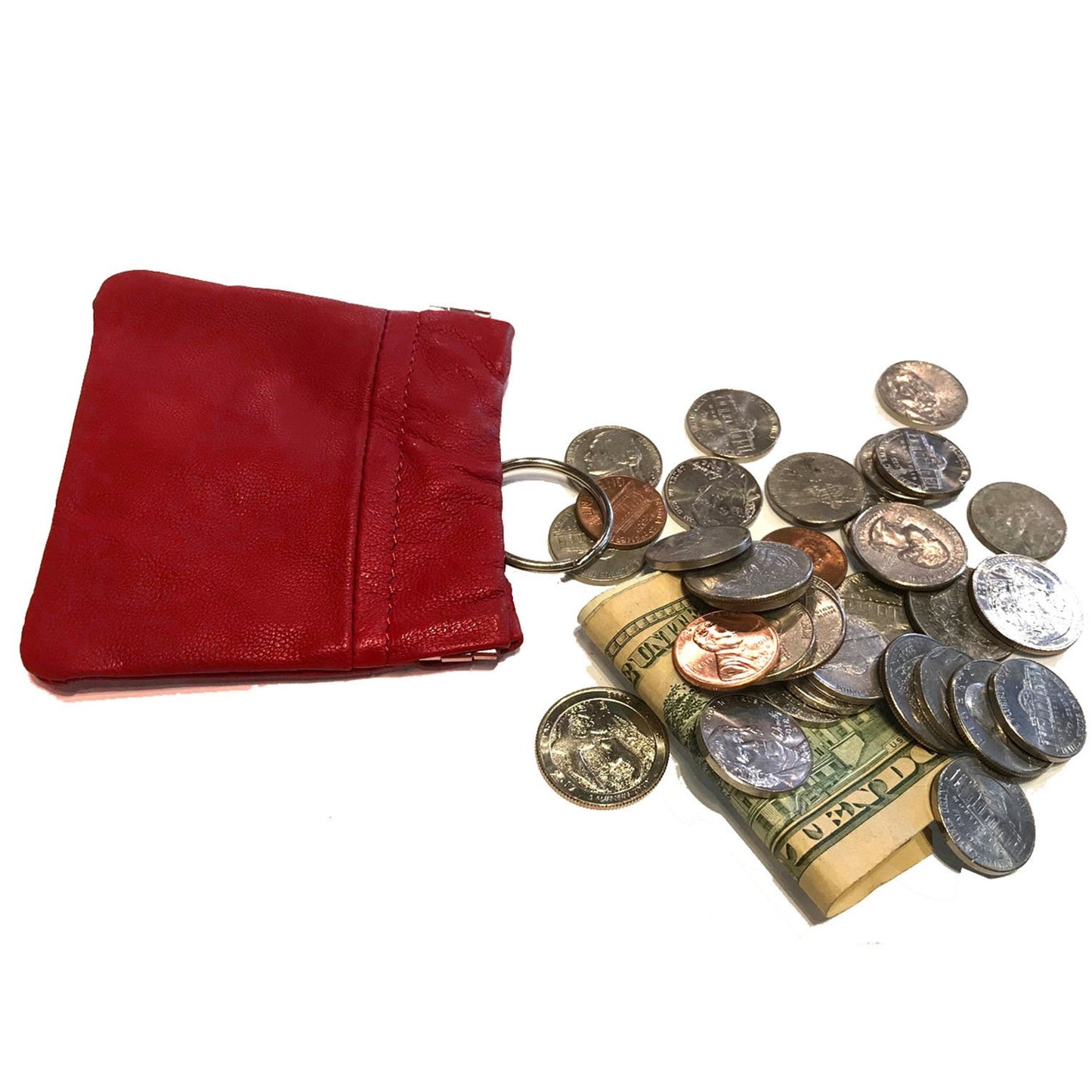 Leather Coin Purse Change Holder Squeeze Spring Closure Pouch w Key Ring, 3.5" by 3.5" - Great Gift for Men Women