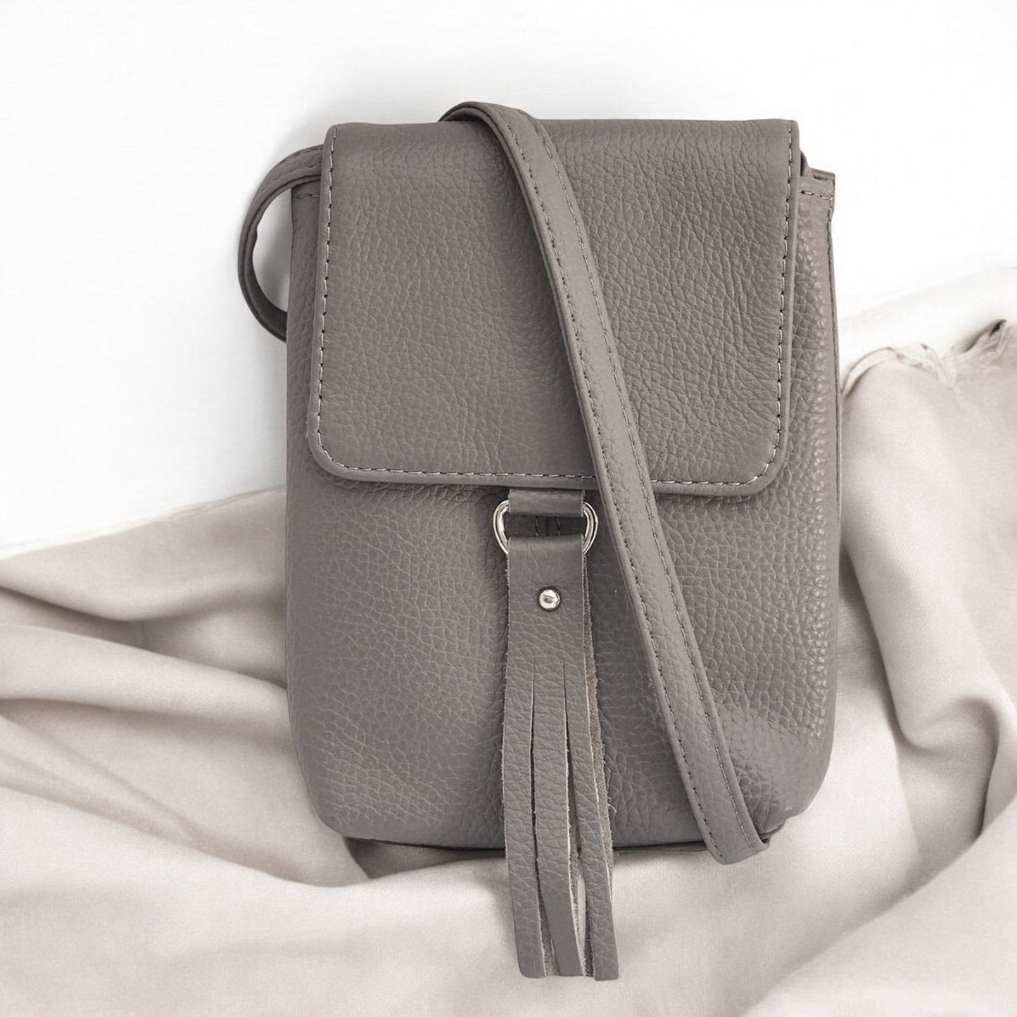 Genuine Leather Women's Phone Pouch Crossbody Flap Top w Tassel