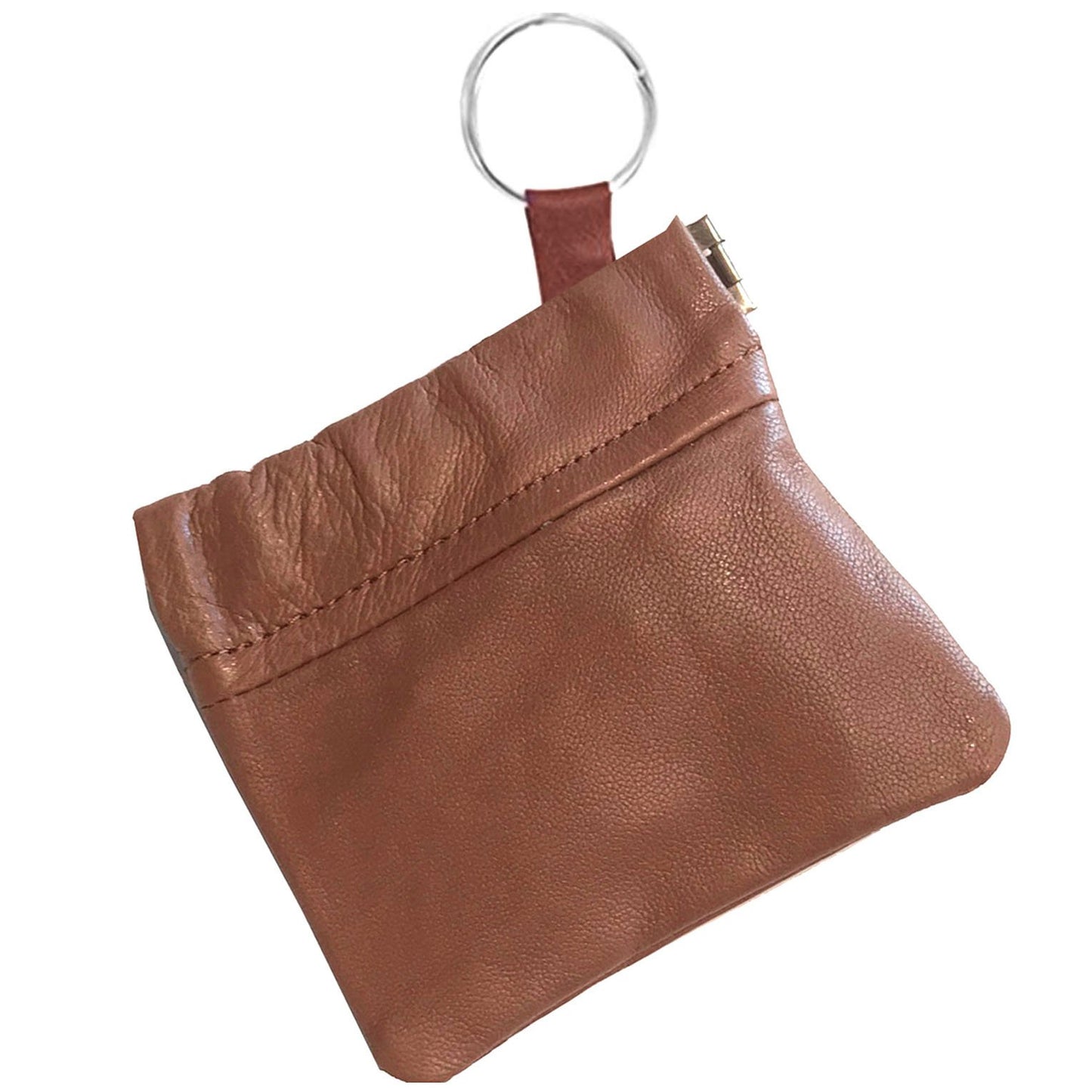 Cowhide Leather Coin Purse Change Holder Squeeze Spring Closure w Key Ring, 3.0" by 3.25"