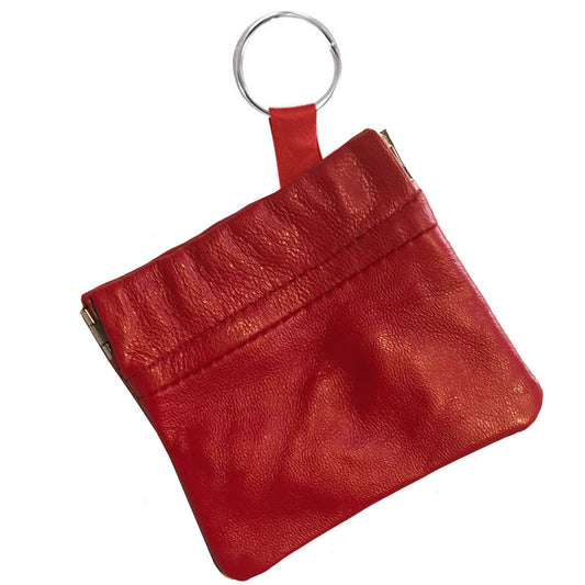 Leather Coin Purse Change Holder Squeeze Spring Closure Pouch w Key Ring, 3.5" by 3.5" - Great Gift for Men Women