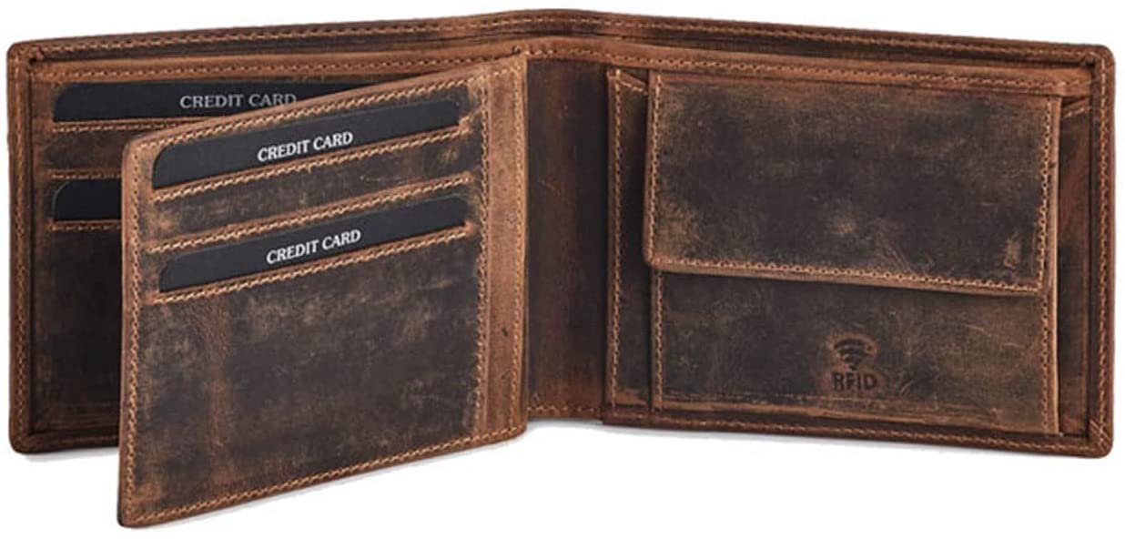 Leather Wallet for Men's-Genuine Washed Calf RFID Blocking Bifold Men Wallet With Coin Pocket (Vertical Flip Stitched Collar, Black)