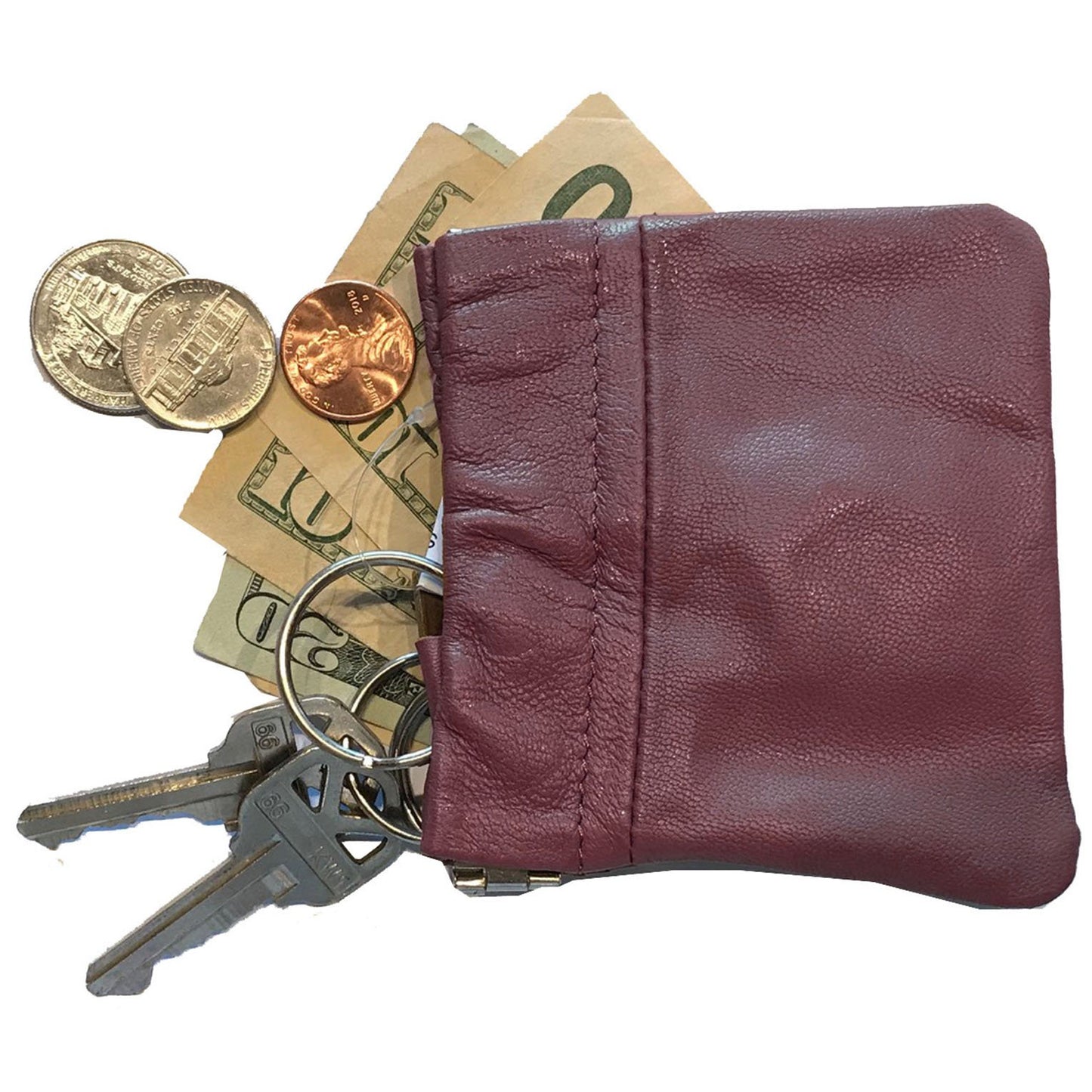 Cowhide Leather Coin Purse Change Holder Squeeze Spring Closure w Key Ring, 3.0" by 3.25"