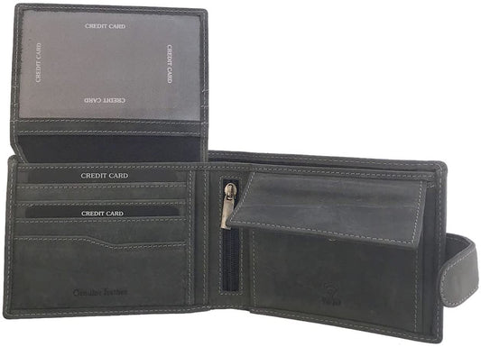 Leather Wallet for Men's-Genuine Washed Calf RFID Blocking Bifold Men Wallet With Coin Pocket (Vertical Flip Stitched Collar, Black)