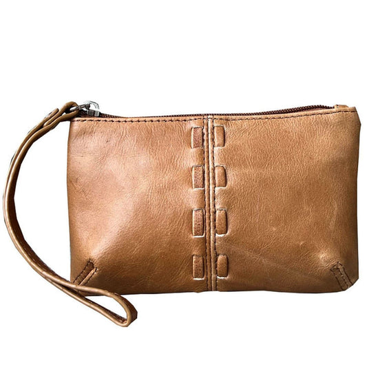 Women's Leather Wristlet Small Wallet Clutch with Whipstitched Detail