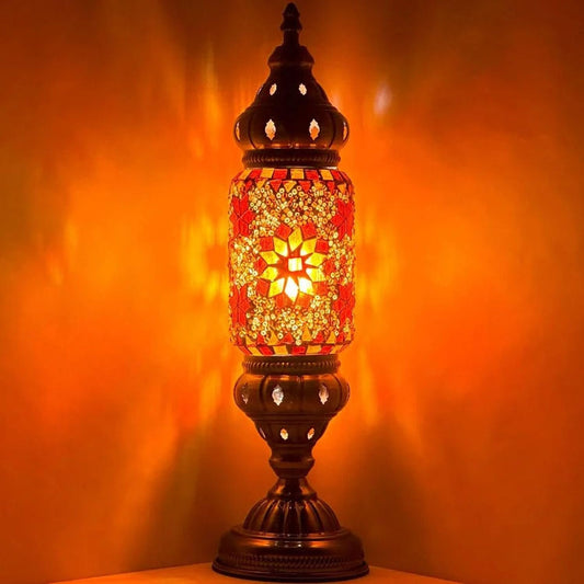 Turkish Cylinder Table Lamp Mosaic Glass Accent Boho Lamps Moroccan Lantern (Blue Star)