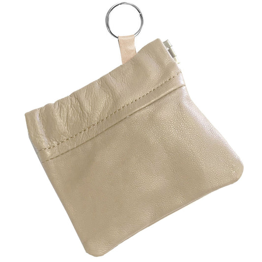 Cowhide Leather Coin Purse Change Holder Squeeze Spring Closure w Key Ring, 3.0" by 3.25"