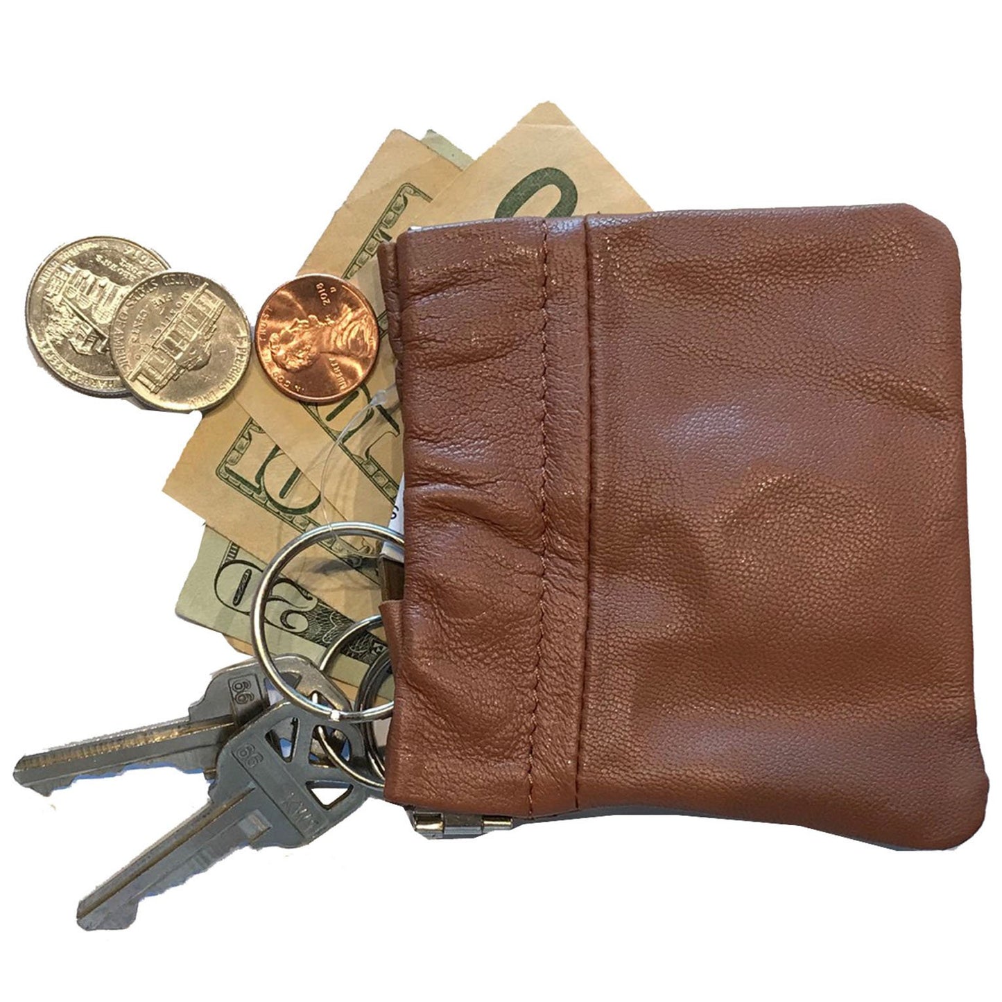 Cowhide Leather Coin Purse Change Holder Squeeze Spring Closure w Key Ring, 3.0" by 3.25"