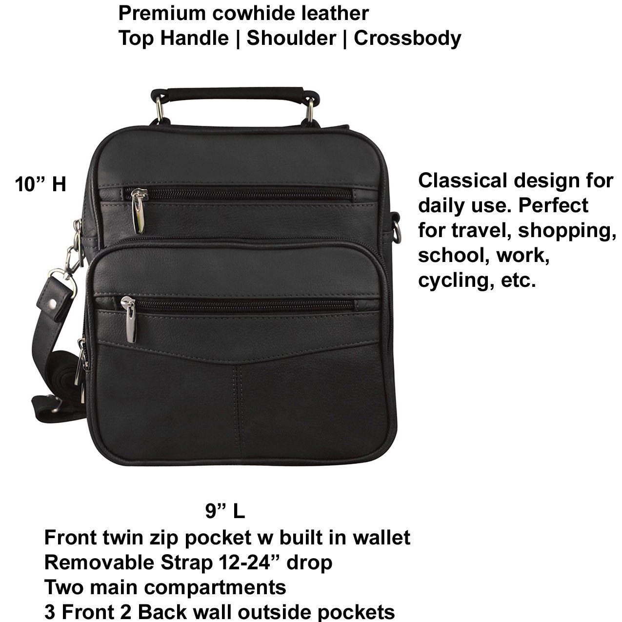Cowhide Leather Men's Messenger Crossbody w Top Handle & Removable CB Strap