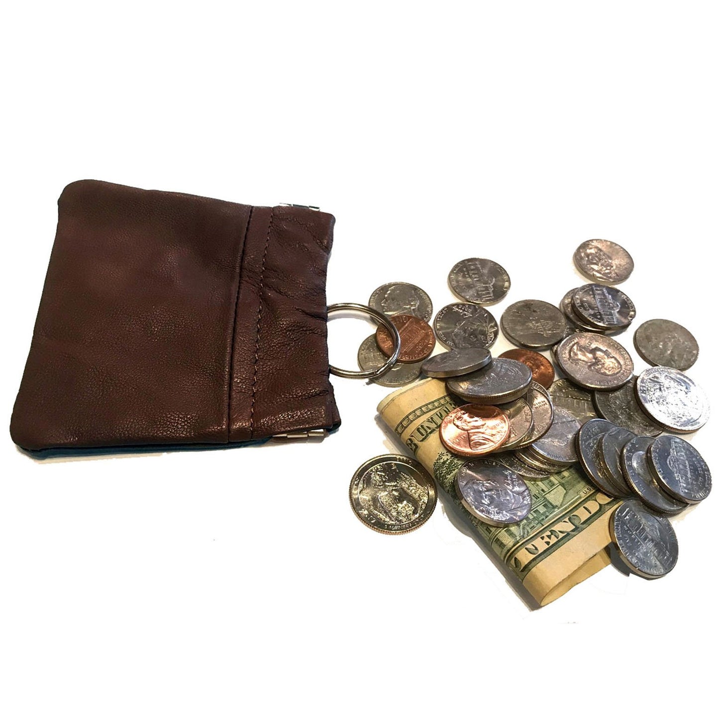 Leather Coin Purse Change Holder Squeeze Spring Closure Pouch w Key Ring, 3.5" by 3.5" - Great Gift for Men Women