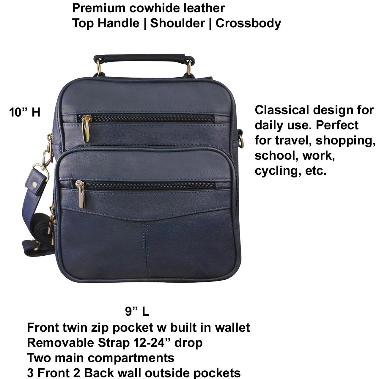 Cowhide Leather Men's Messenger Crossbody w Top Handle & Removable CB Strap