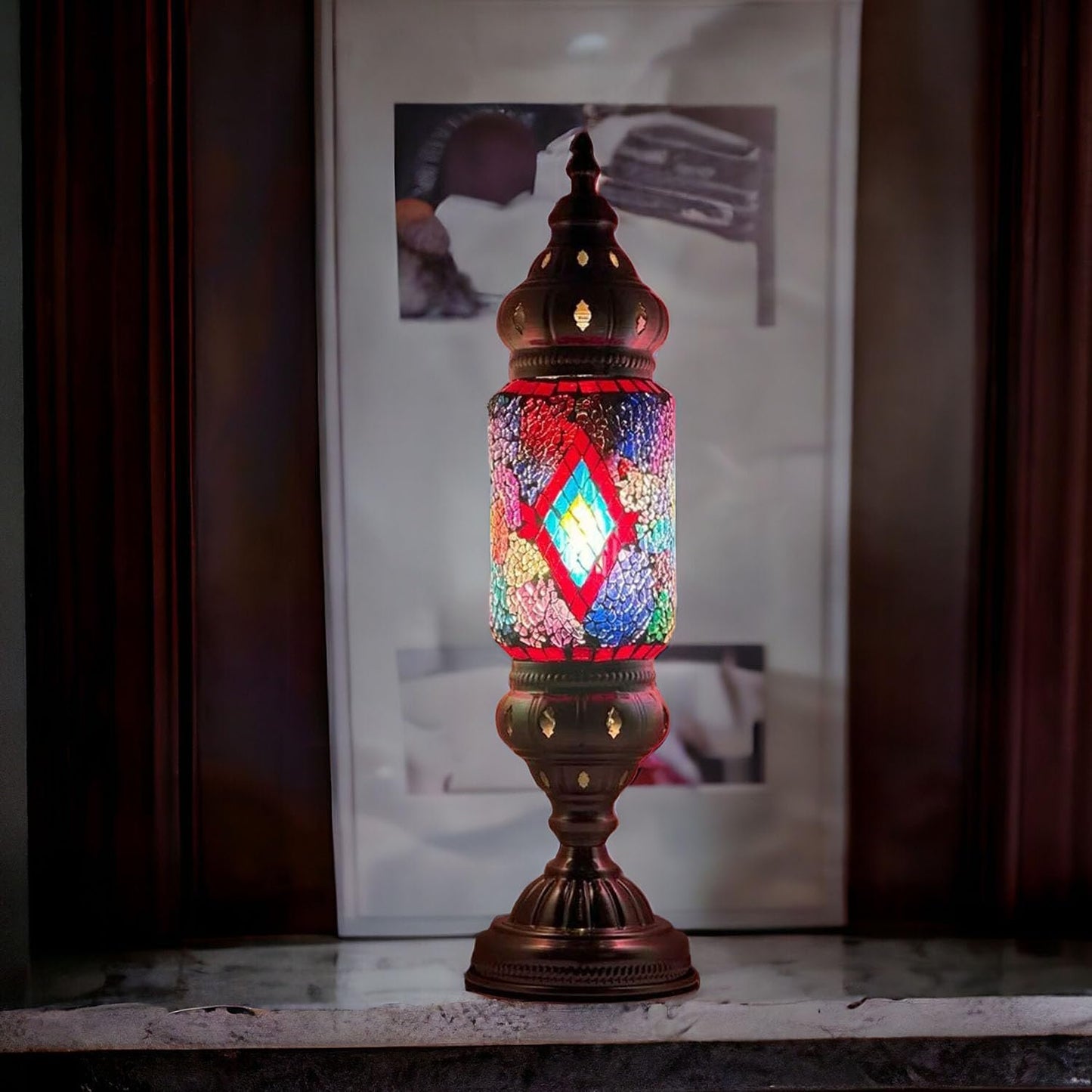 Turkish Cylinder Table Lamp Mosaic Glass Accent Boho Lamps Moroccan Lantern (Blue Star)