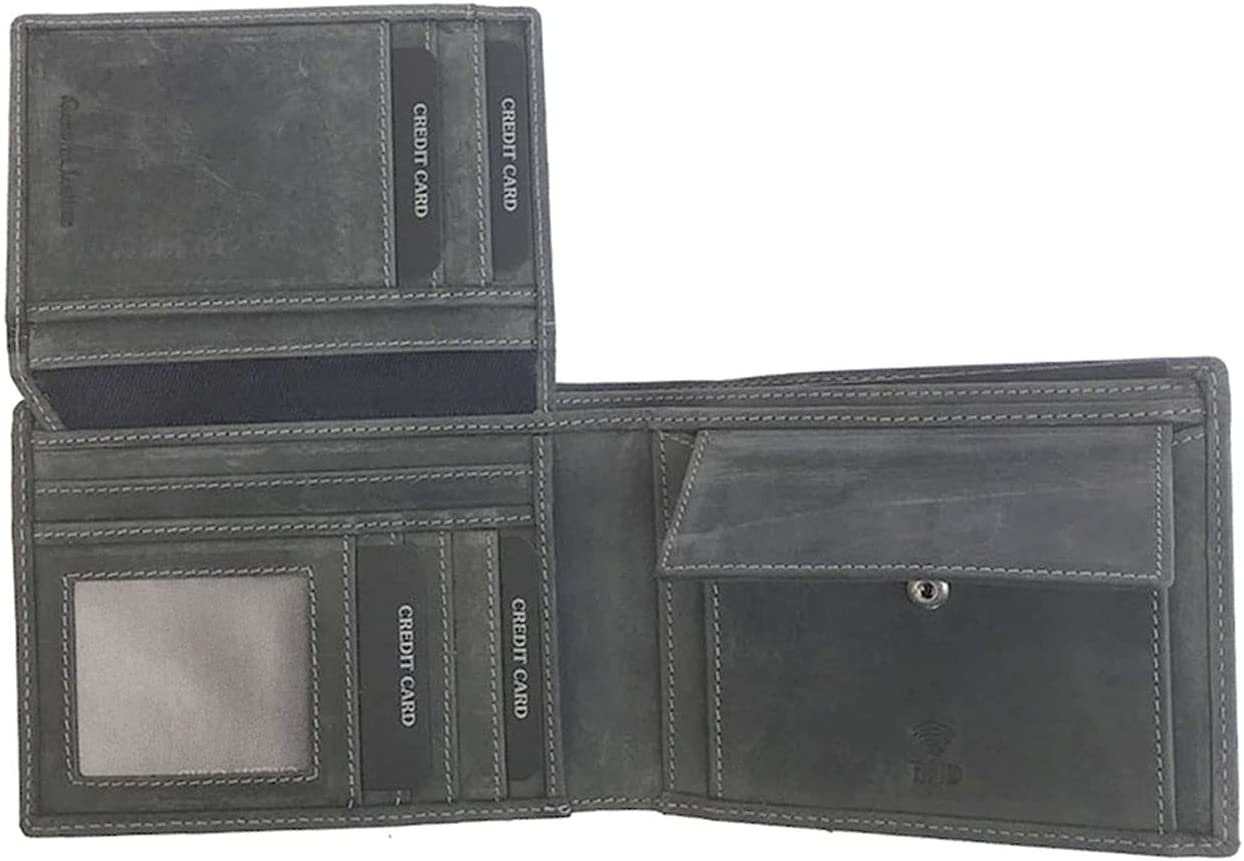 Leather Wallet for Men's-Genuine Washed Calf RFID Blocking Bifold Men Wallet With Coin Pocket (Vertical Flip Stitched Collar, Black)