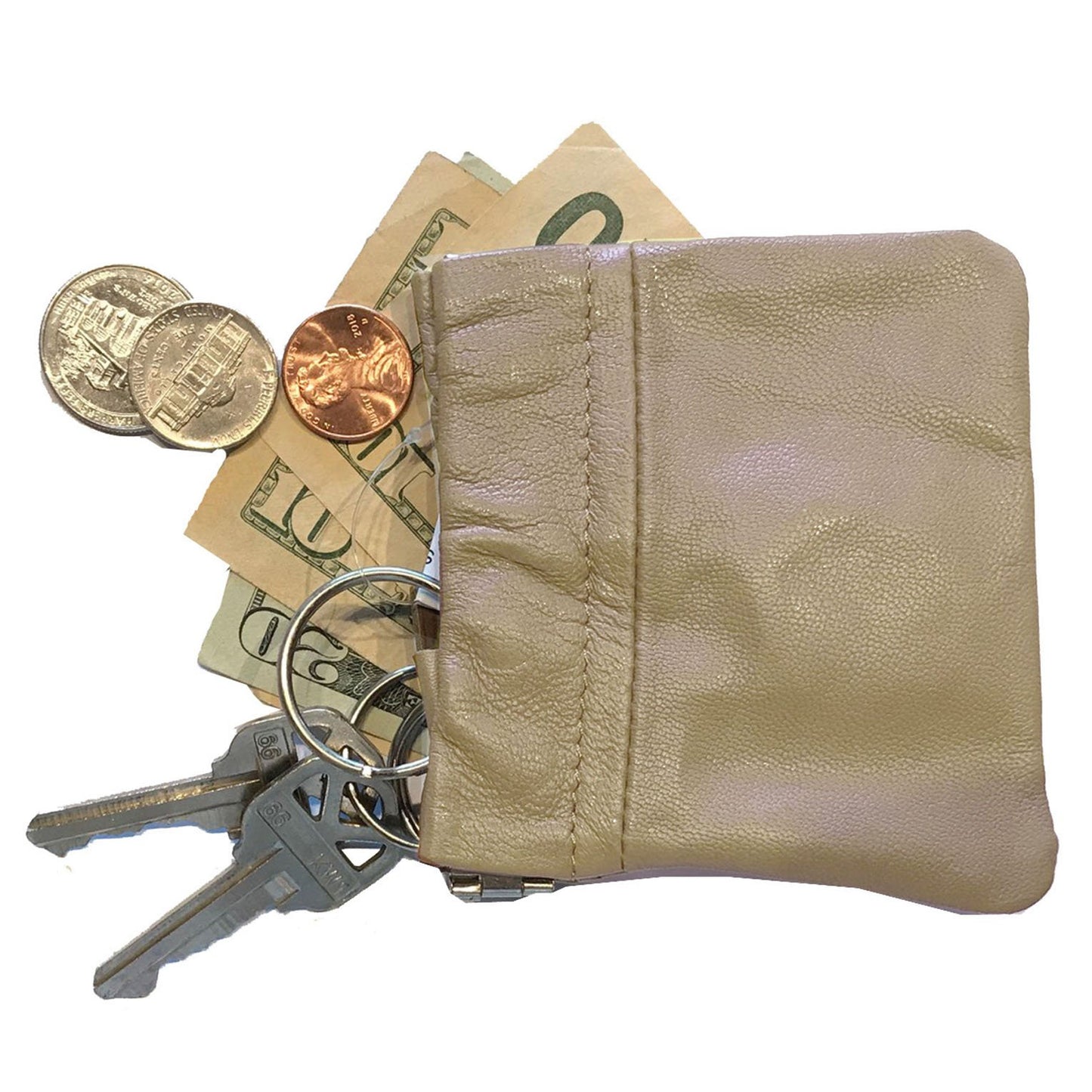 Cowhide Leather Coin Purse Change Holder Squeeze Spring Closure w Key Ring, 3.0" by 3.25"