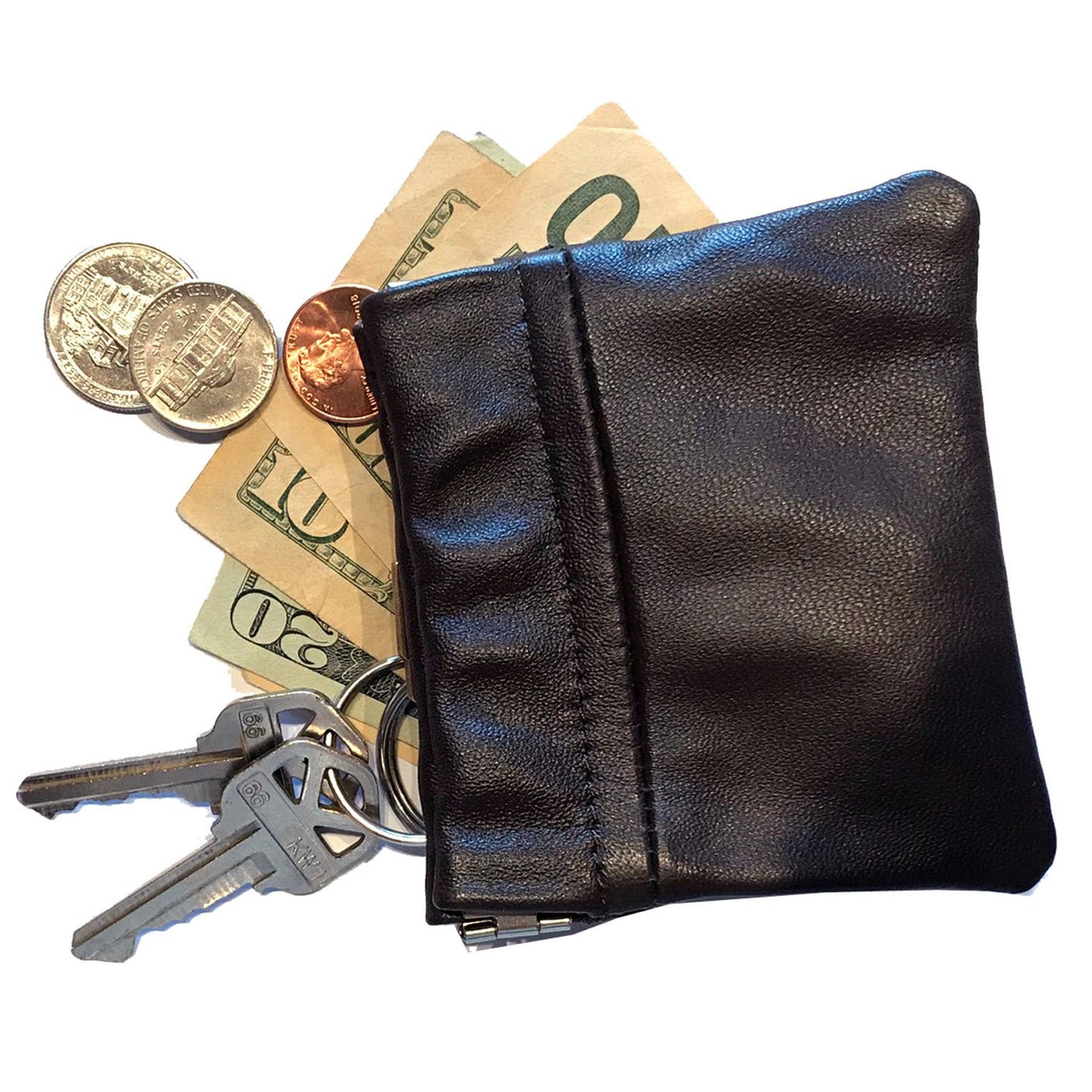 Cowhide Leather Coin Purse Change Holder Squeeze Spring Closure w Key Ring, 3.0" by 3.25"