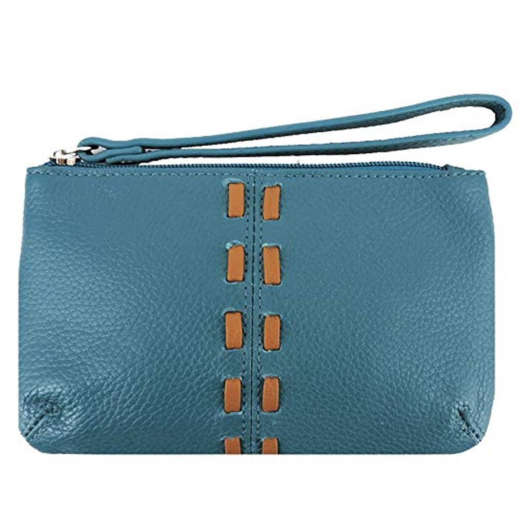 Women's Leather Wristlet Small Wallet Clutch with Whipstitched Detail