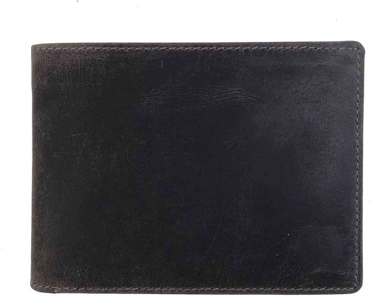 Leather Wallet for Men's-Genuine Washed Calf RFID Blocking Bifold Men Wallet With Coin Pocket (Vertical Flip Stitched Collar, Black)