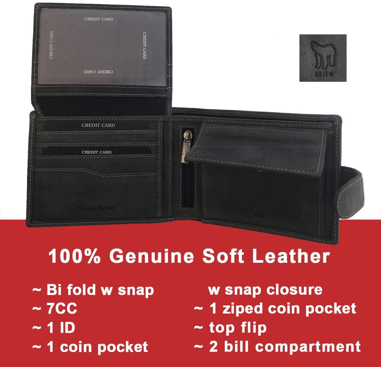 Leather Wallet for Men's-Genuine Washed Calf RFID Blocking Bifold Men Wallet With Coin Pocket (Vertical Flip Stitched Collar, Black)