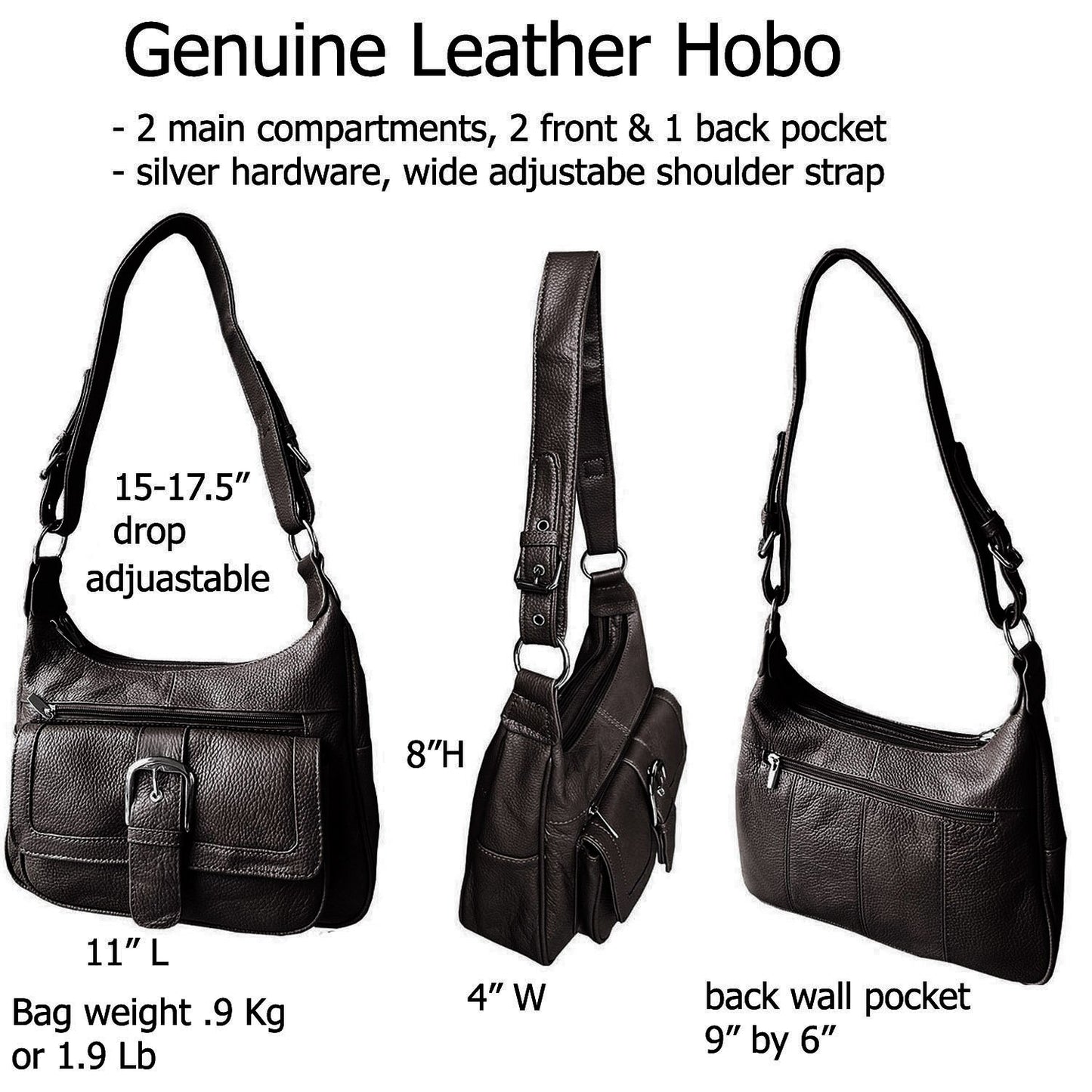 Women's Hobo Leather Handbag with 2 Entry, Buckled Front Pocket Silver Fever