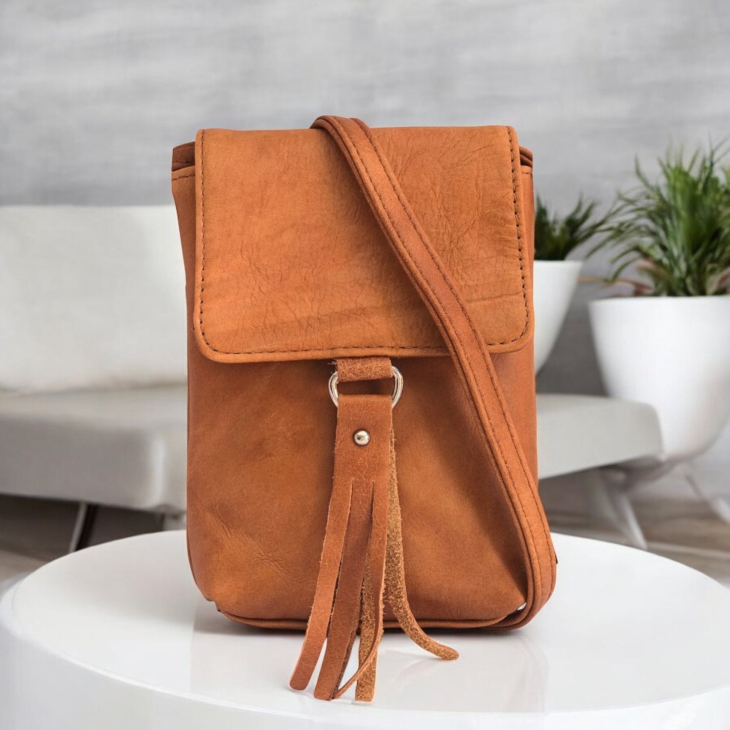 Genuine Leather Women's Phone Pouch Crossbody Flap Top w Tassel