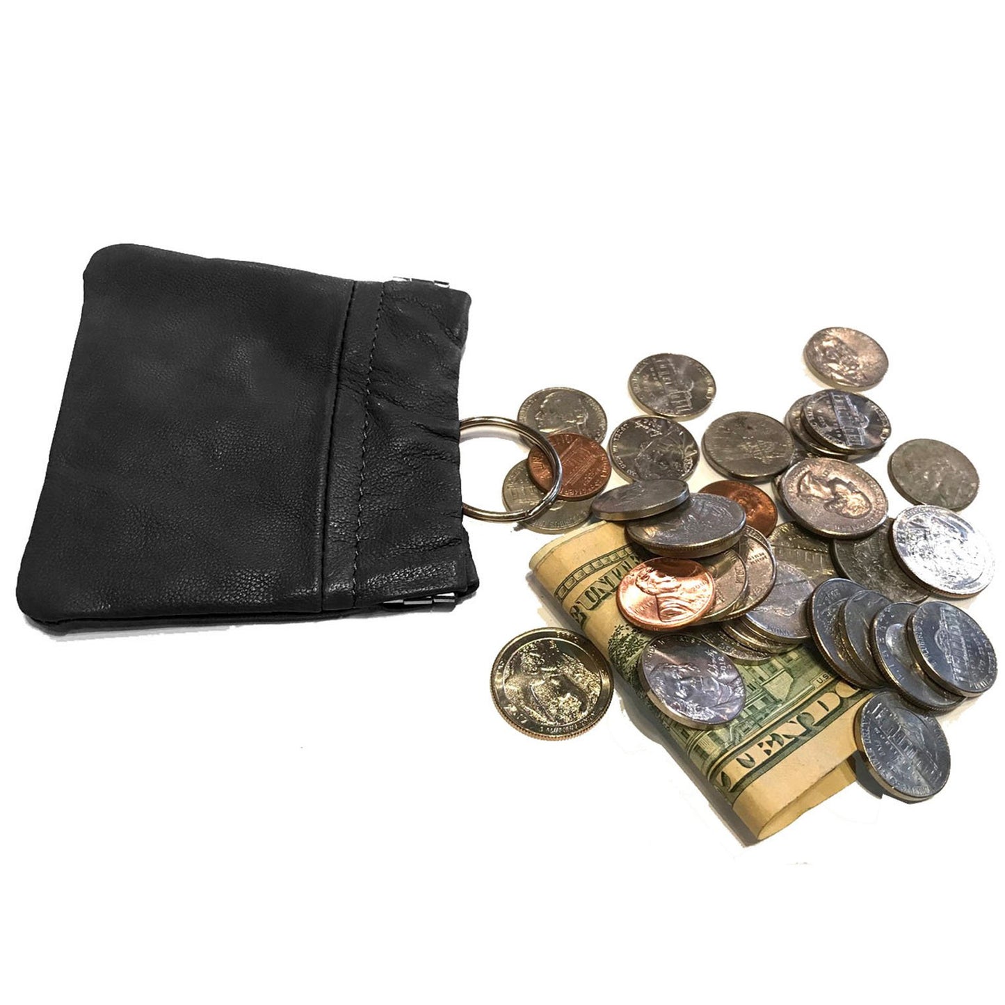 Cowhide Leather Coin Purse Change Holder Squeeze Spring Closure w Key Ring, 3.0" by 3.25"