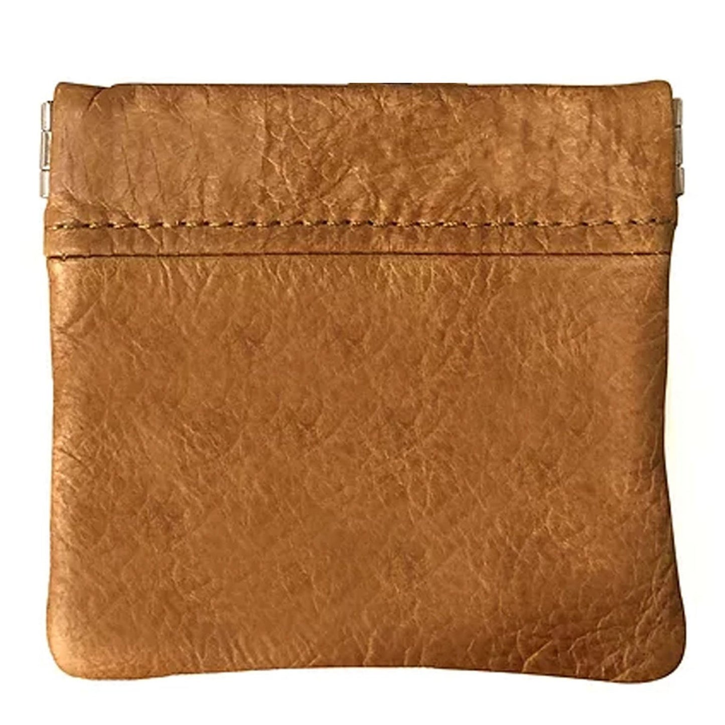 Leather Coin Purse Change Holder Squeeze Spring Closure Pouch w Key Ring, 3.5" by 3.5" - Great Gift for Men Women
