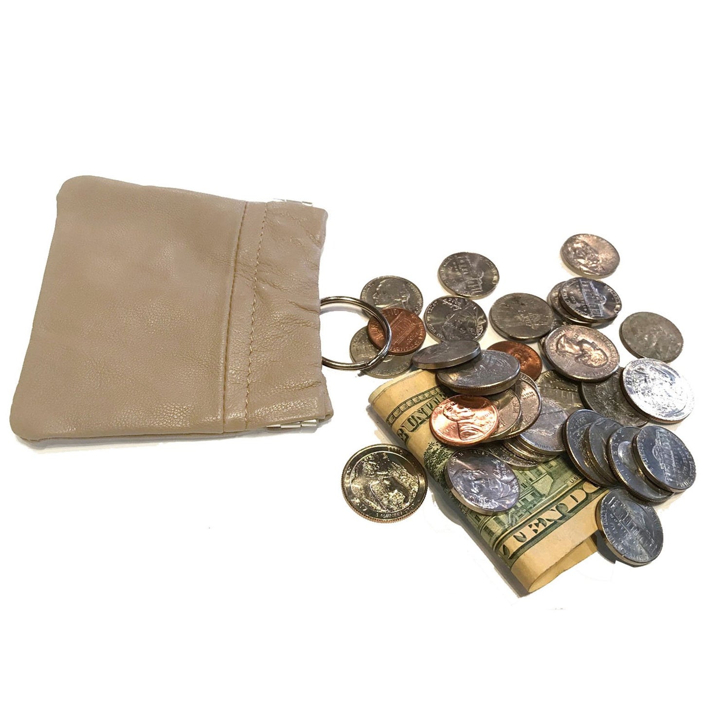 Cowhide Leather Coin Purse Change Holder Squeeze Spring Closure w Key Ring, 3.0" by 3.25"