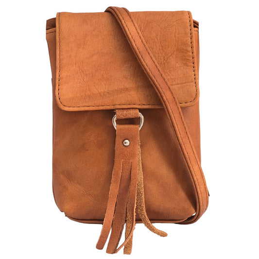 Genuine Leather Women's Phone Pouch Crossbody Flap Top w Tassel