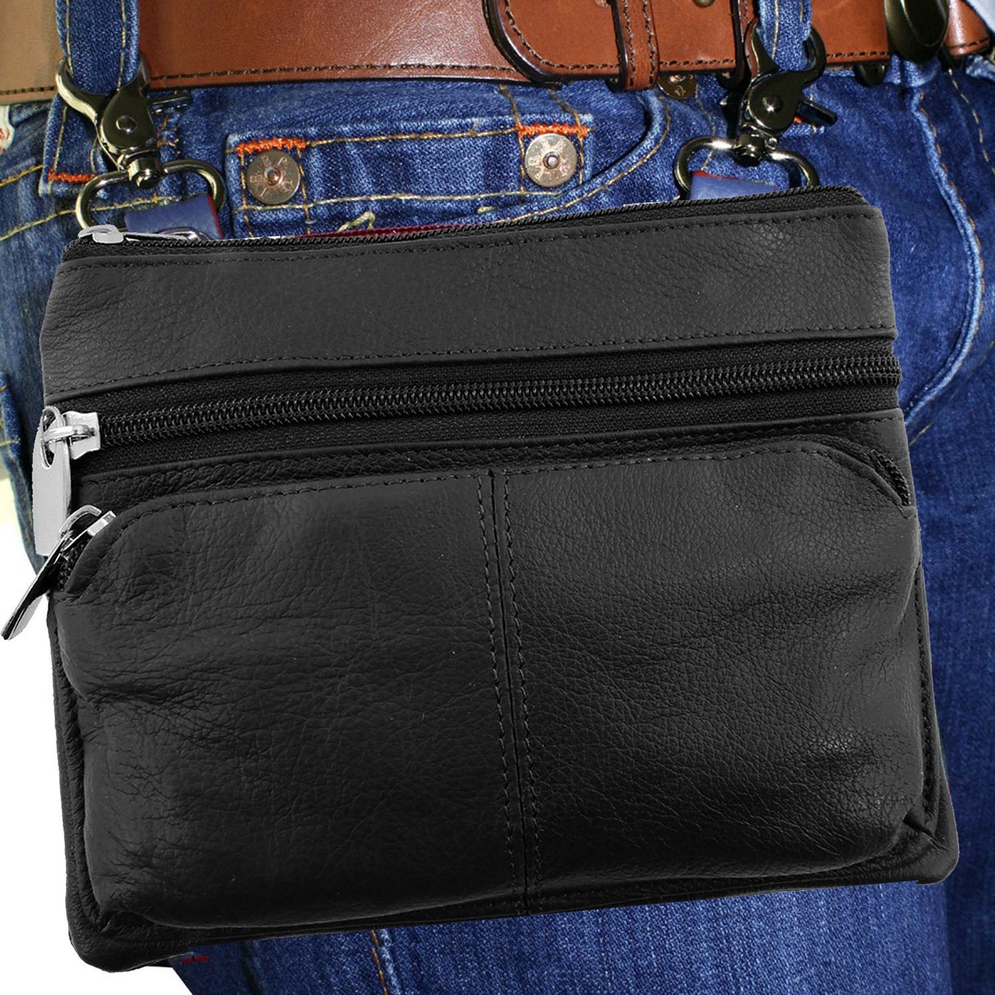 SILVERFEVER Leather Bike Rider Accordion Bag Cross Body Belt Phone Pack Pouch