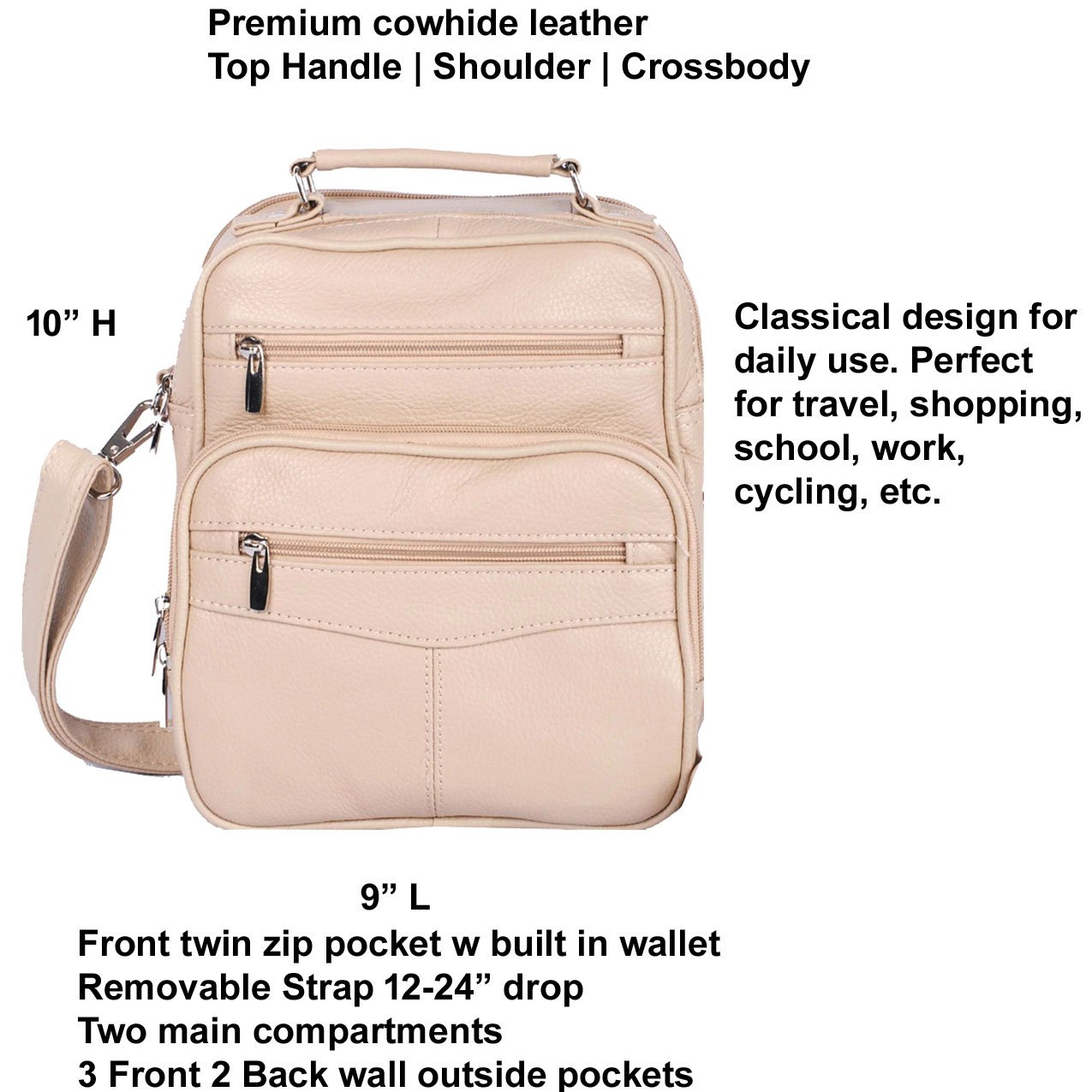 Cowhide Leather Men's Messenger Crossbody w Top Handle & Removable CB Strap