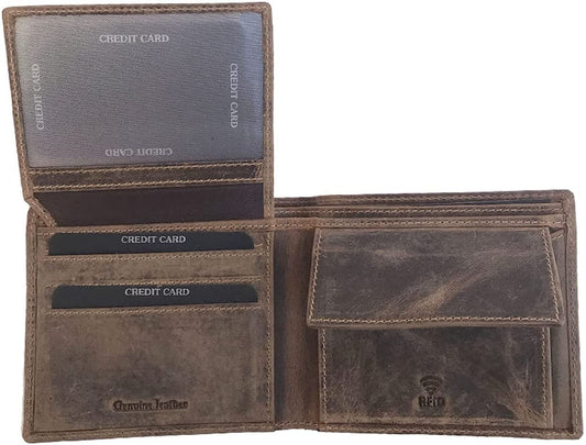 Leather Wallet for Men's-Genuine Washed Calf RFID Blocking Bifold Men Wallet With Coin Pocket (Vertical Flip Stitched Collar, Black)