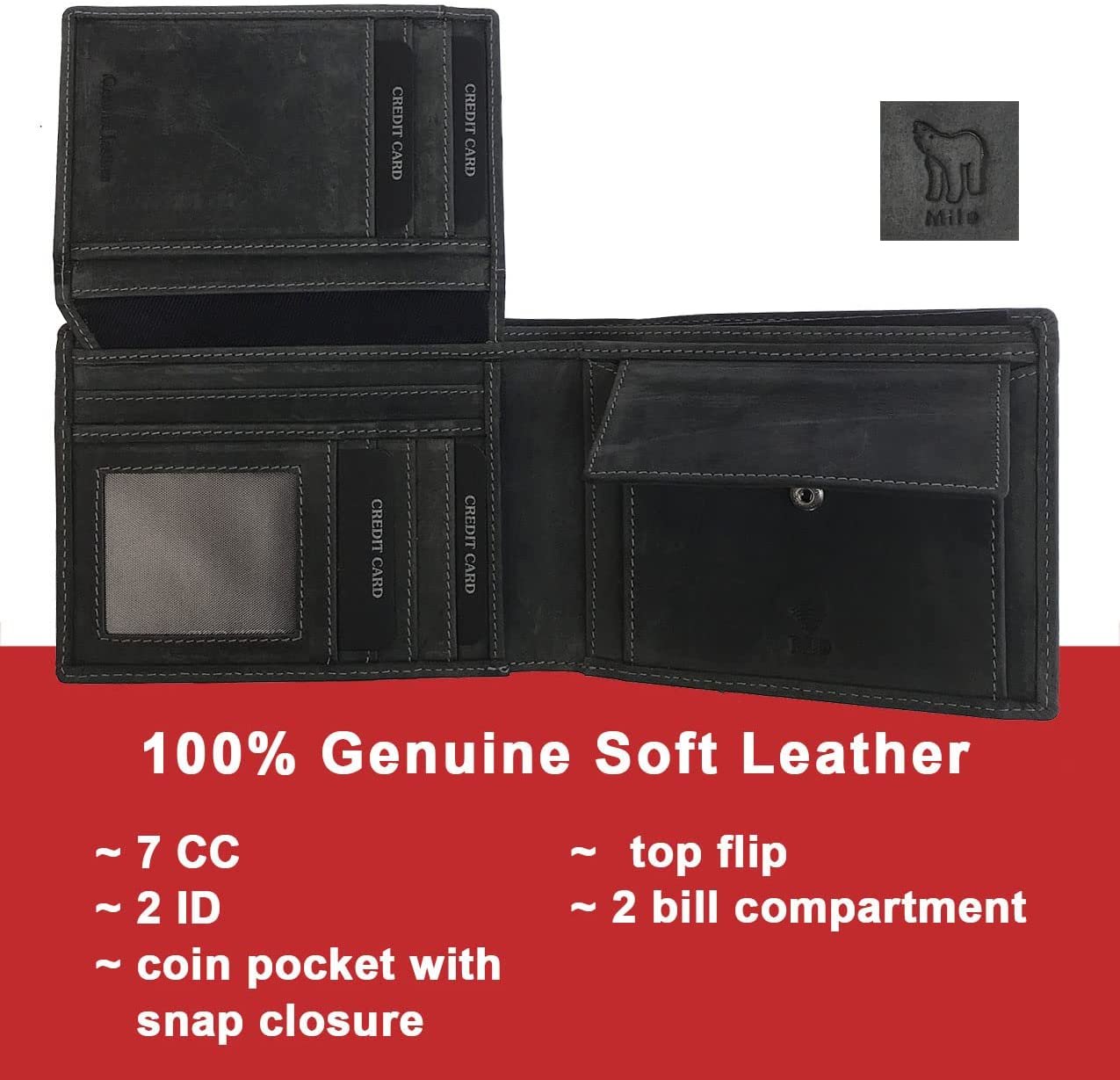 Leather Wallet for Men's-Genuine Washed Calf RFID Blocking Bifold Men Wallet With Coin Pocket (Vertical Flip Stitched Collar, Black)